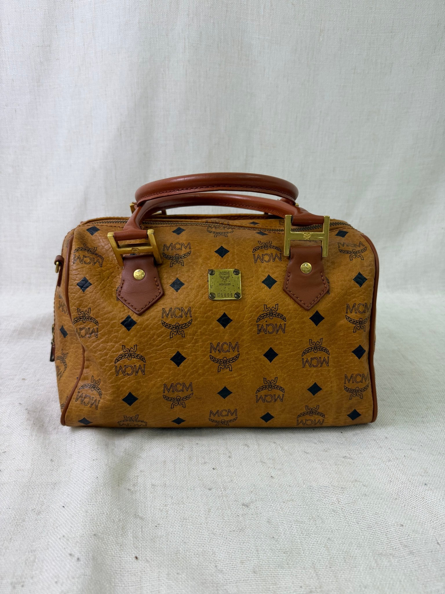 MCM Brown Coated Canvas Boston Bag