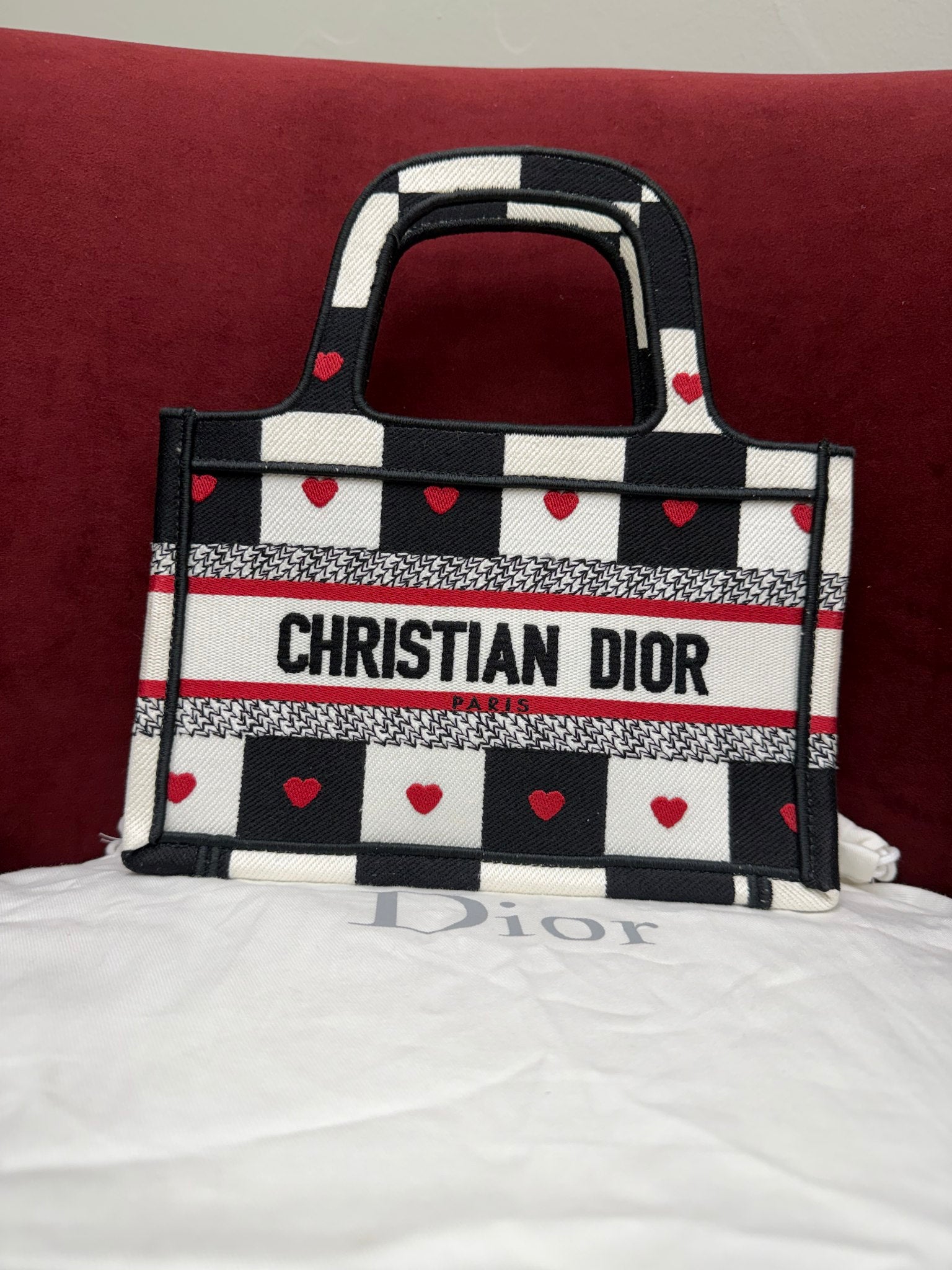 Like New- Christian Dior Black & White Checkered Heart Dioramour Mini Book Tote