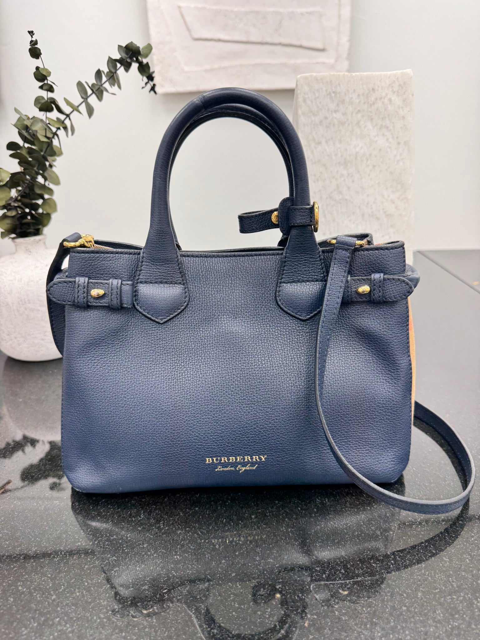 Burberry Navy Blue Grained Leather Small Tote Bag