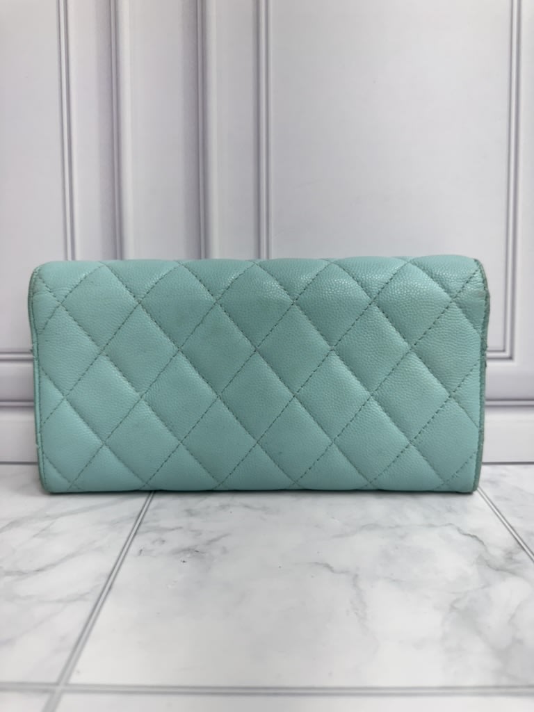 Chanel Light Blue Diamond Quilted Caviar Leather Classic Flap Long Wallet