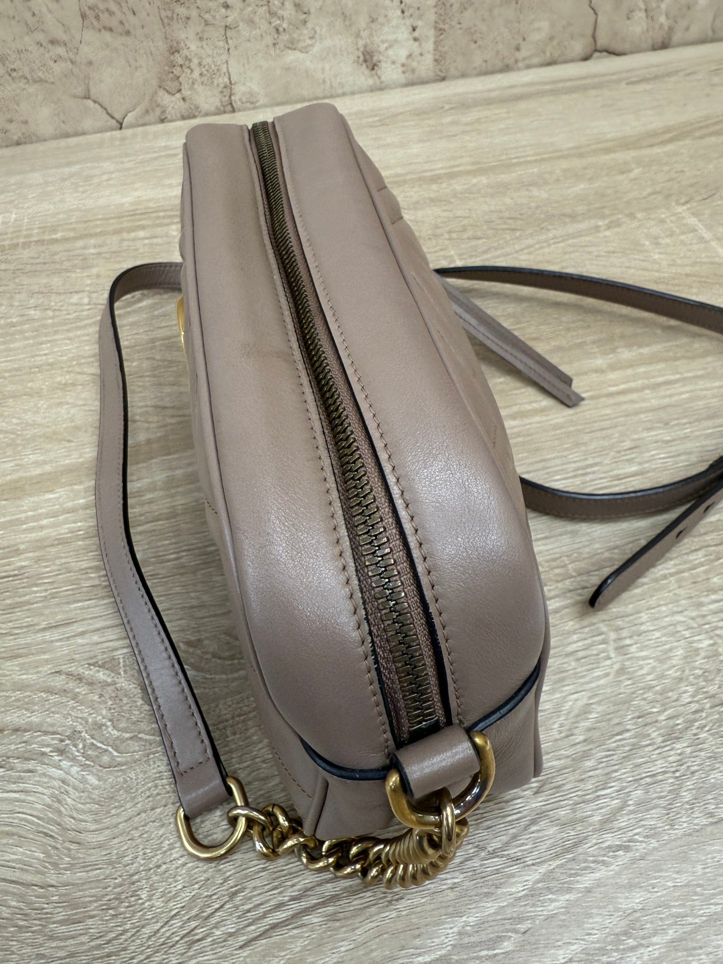 Gucci Porcelain Rose Calfskin Small Marmont Chain Shoulder Bag
