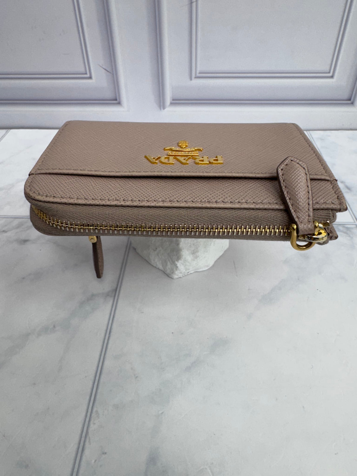 Prada Nude Saffiano Leather Compact Zippy Wallet