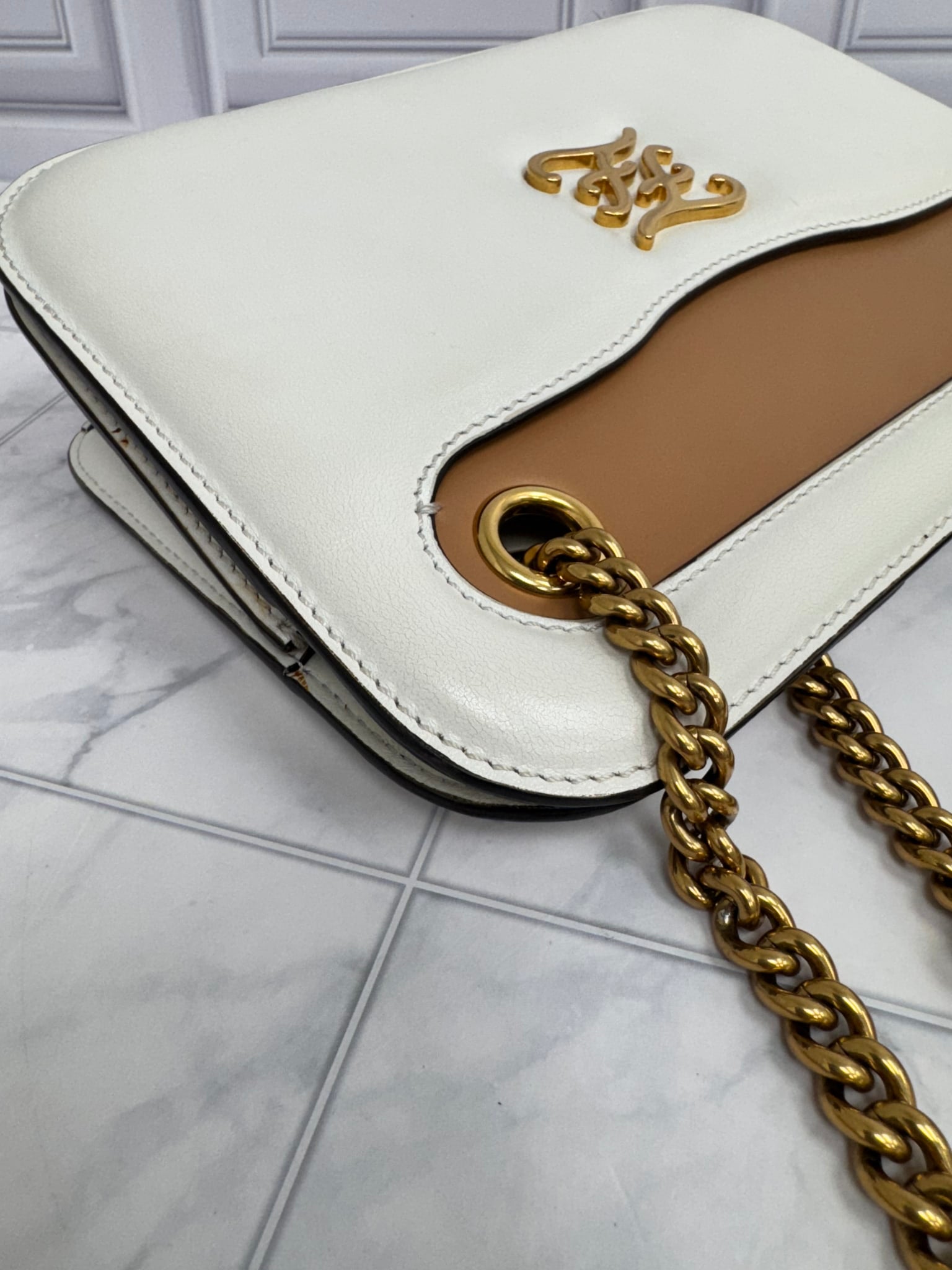 Fendi White Leather Karligraphy Pocket Shoulder Bag