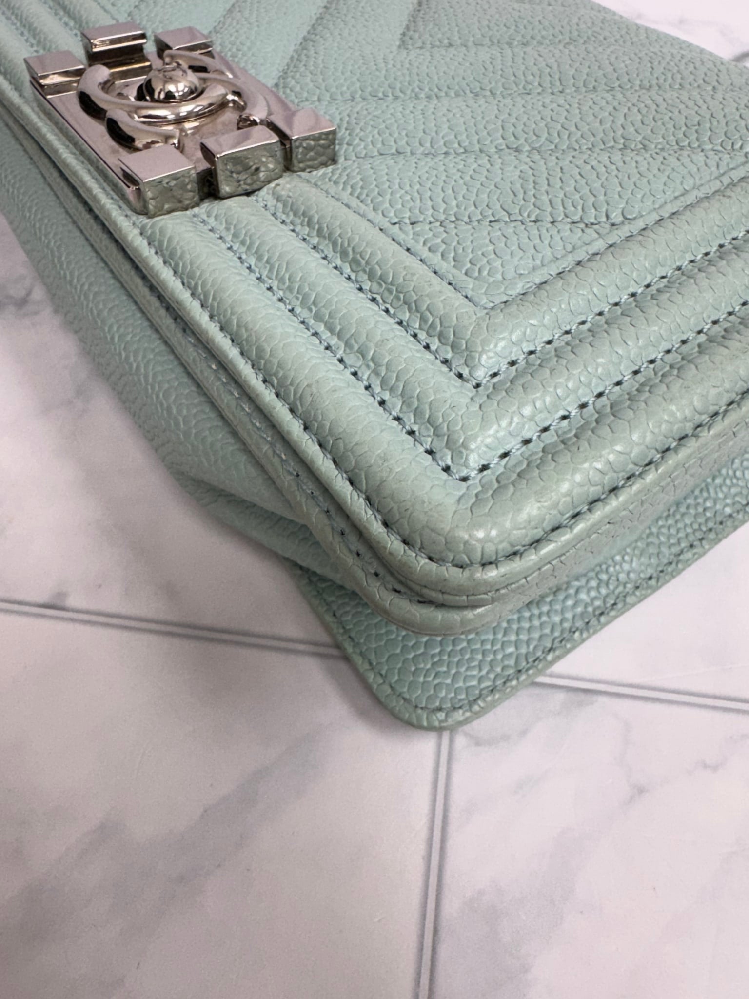 Chanel Blue Chevron Quilted Caviar Leather Small Boy Flap Crossbody Bag
