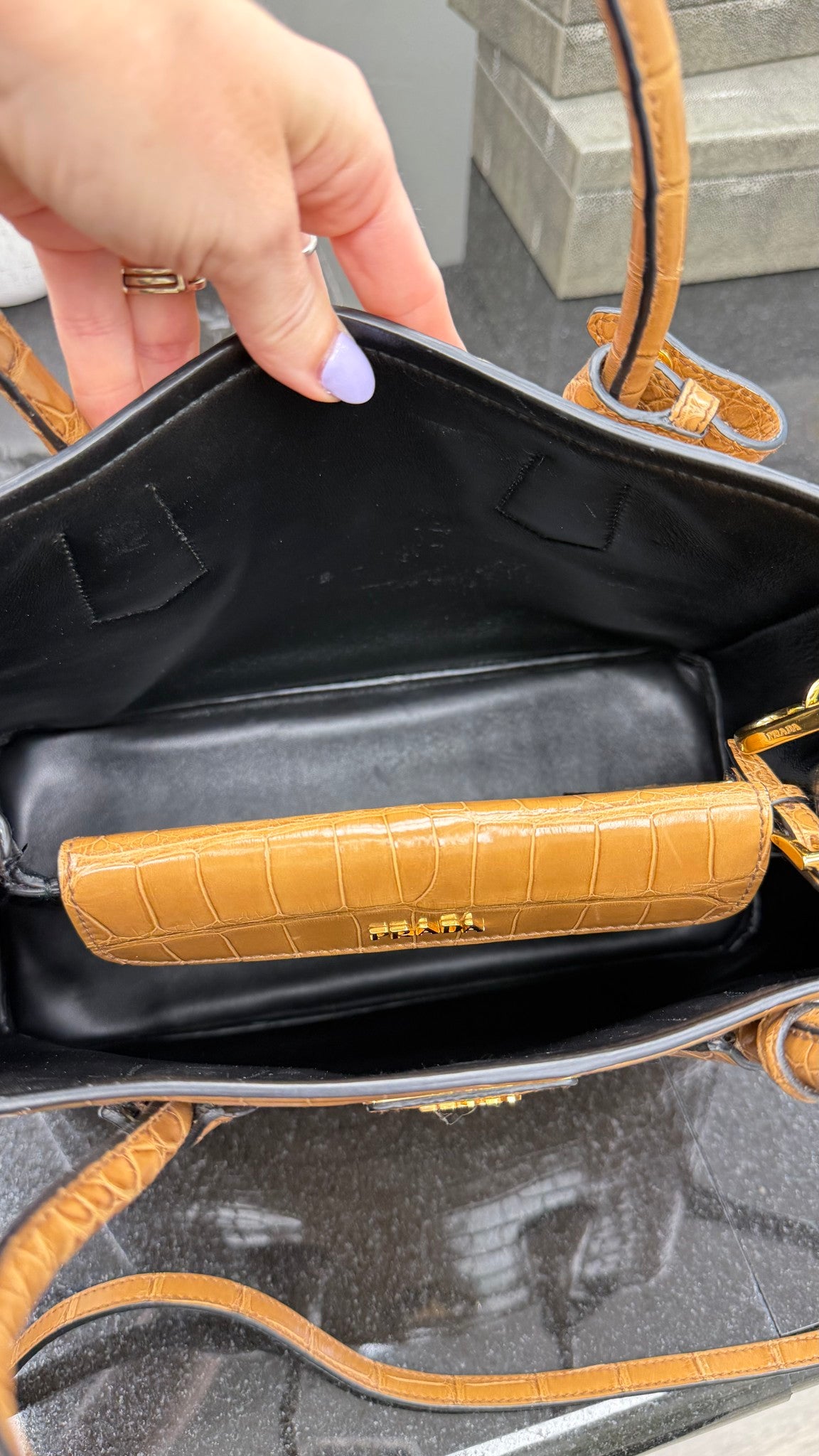 Prada Caramel Croc Embossed Leather Top Handle 2Way Bag