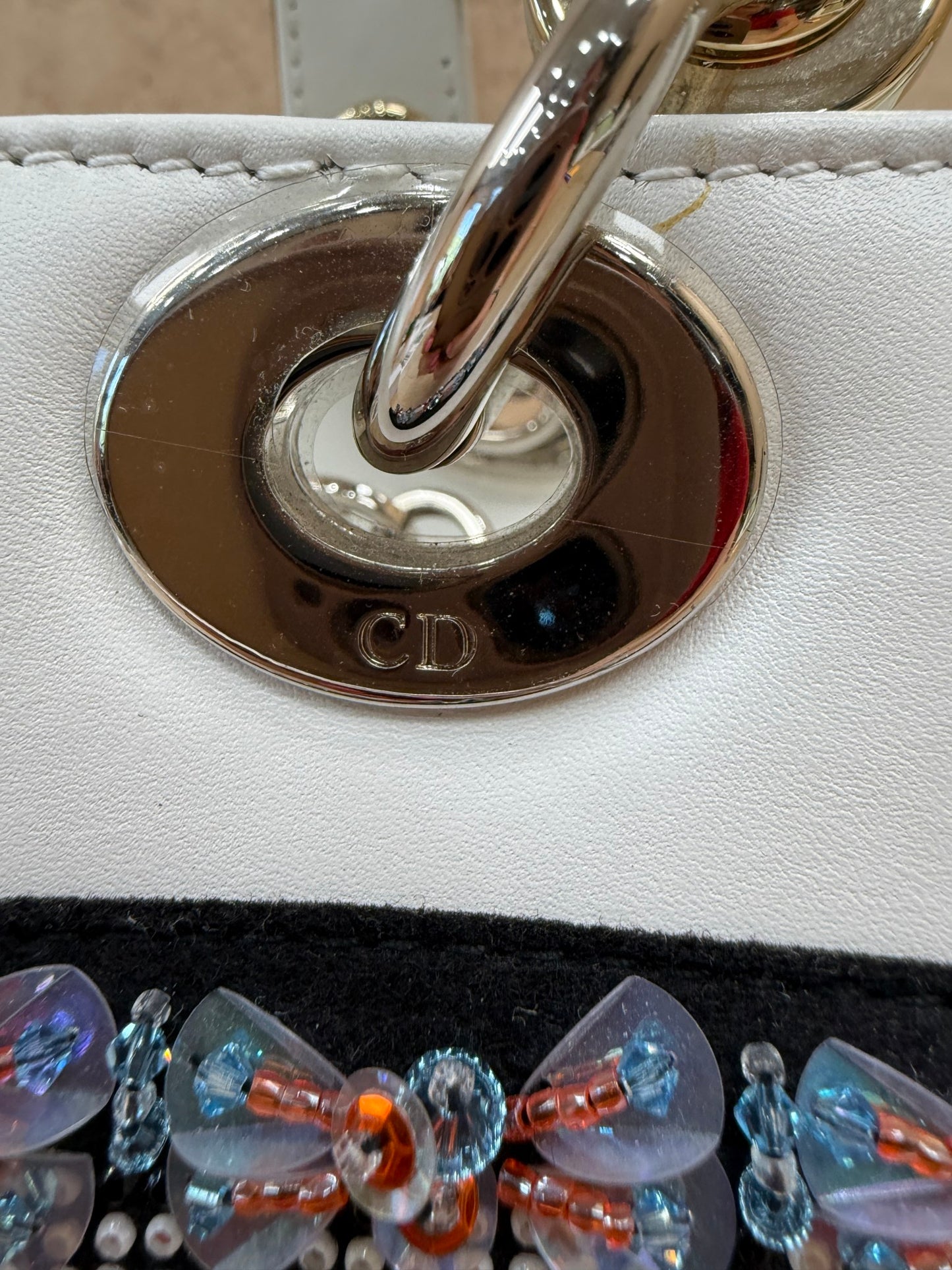 Christian Dior White Leather Patch Embellished Medium Lady Dior