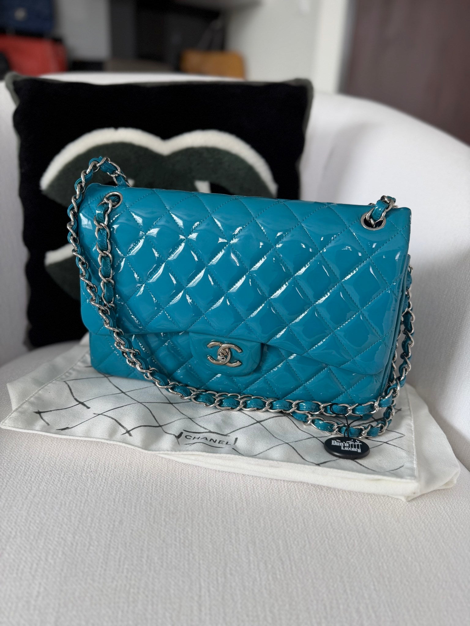 LIKE NEW- Chanel Turquoise Patent Leather Jumbo Double Flap Bag