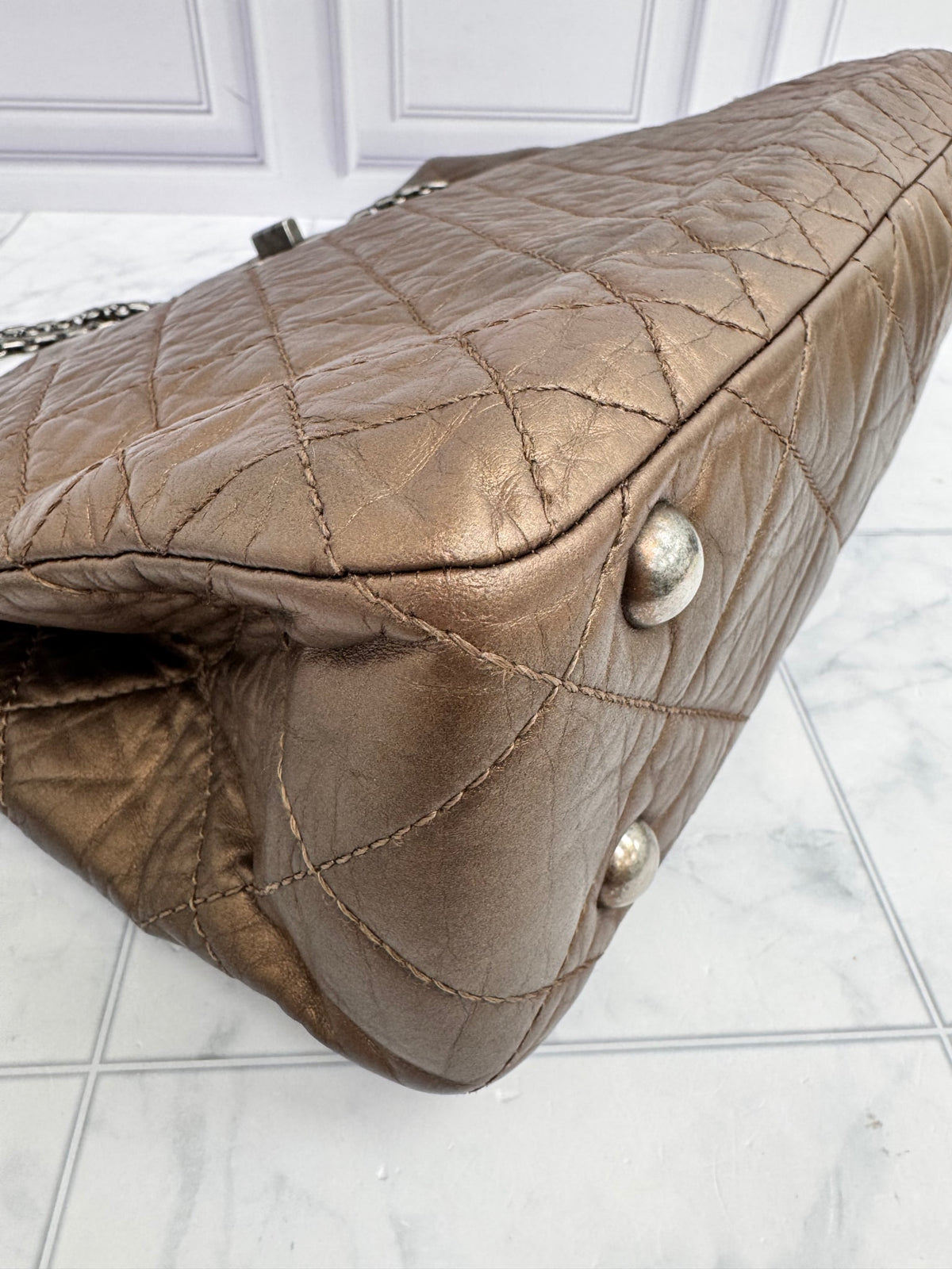 Chanel Metallic Bronze Quilted Aged Calfskin Leather Reissue 2.55 Medium Shopping Tote