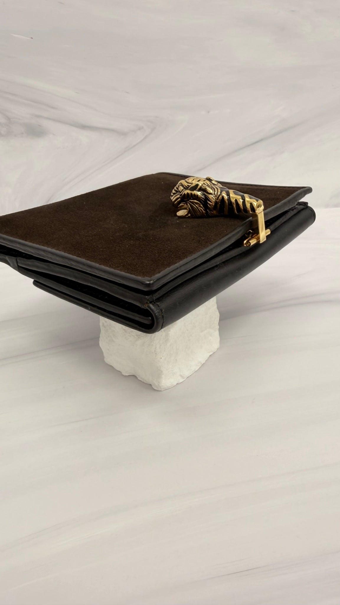 Gucci Brown Suede Leather Tiger Head Compact Wallet
