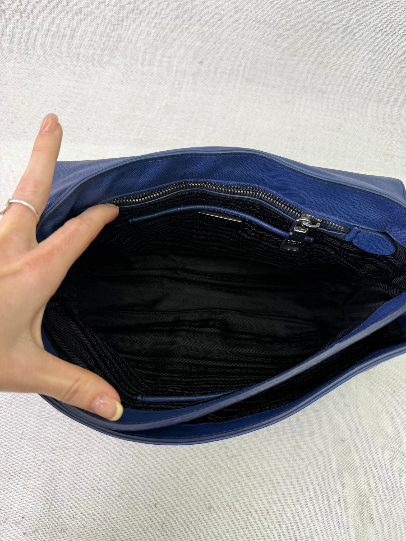 Prada Blue Saffiano Leather Righe Sound Lock Satchel Tote