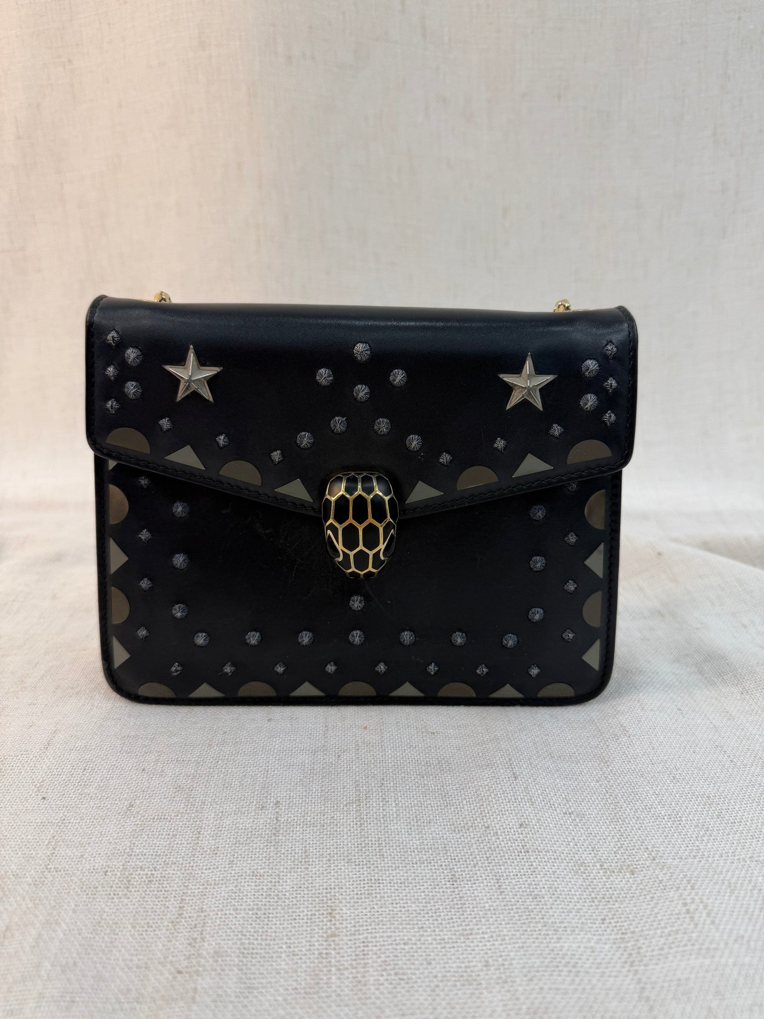 Bvlgari Black Leather serpenti Star Studded Small Crossbody