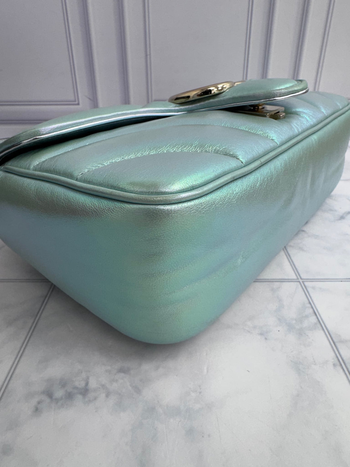 Gucci Iridescent Salvy Green GG Marmont Small Matelasse Shoulder Bag