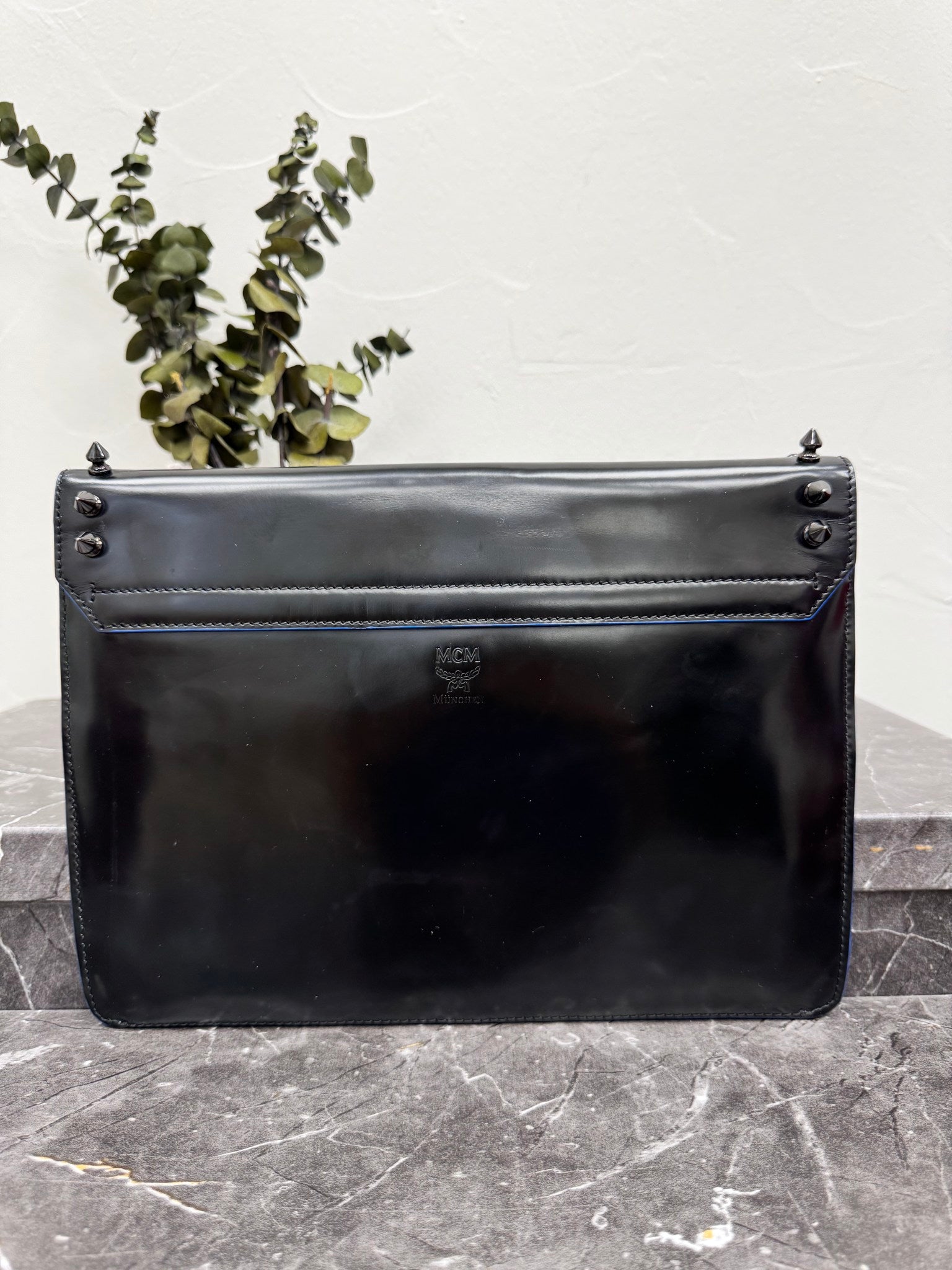 MCM Black Patent Leather Studded Large Envelope Clutch