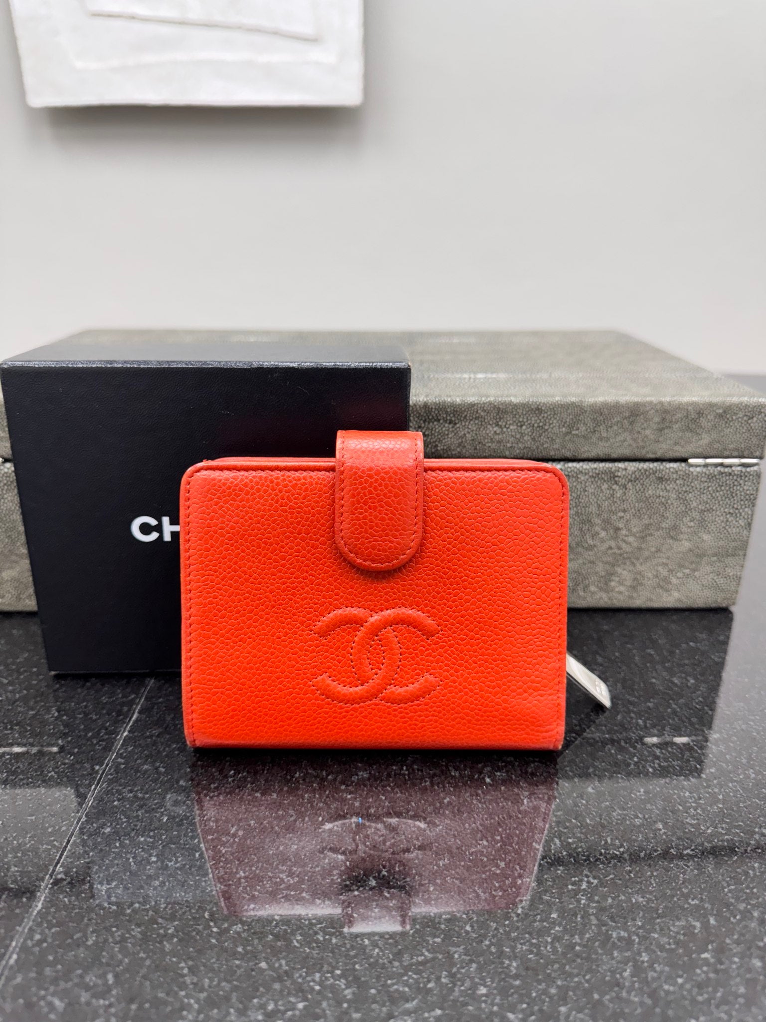 Chanel Orange Caviar Leather French Compact Wallet