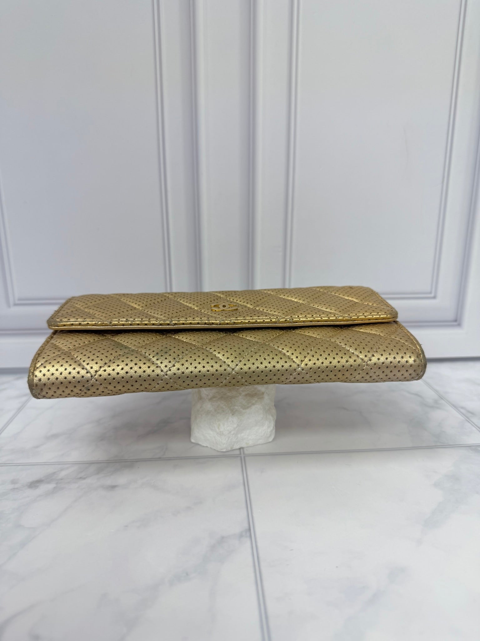 Chanel Gold Perforated Leather Flap Wallet