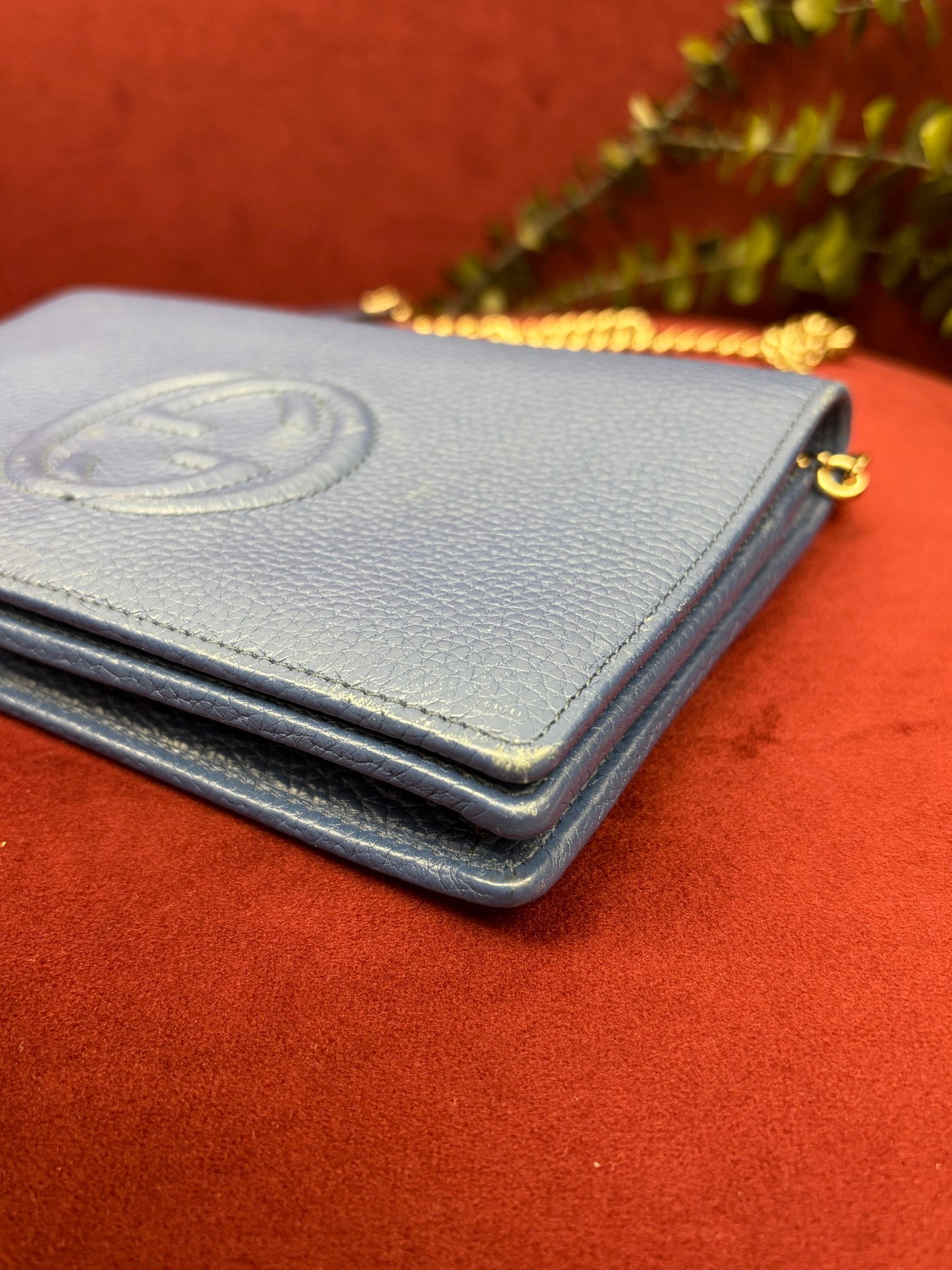 Gucci Blue Pebbled Leather Soho Wallet on a Chain