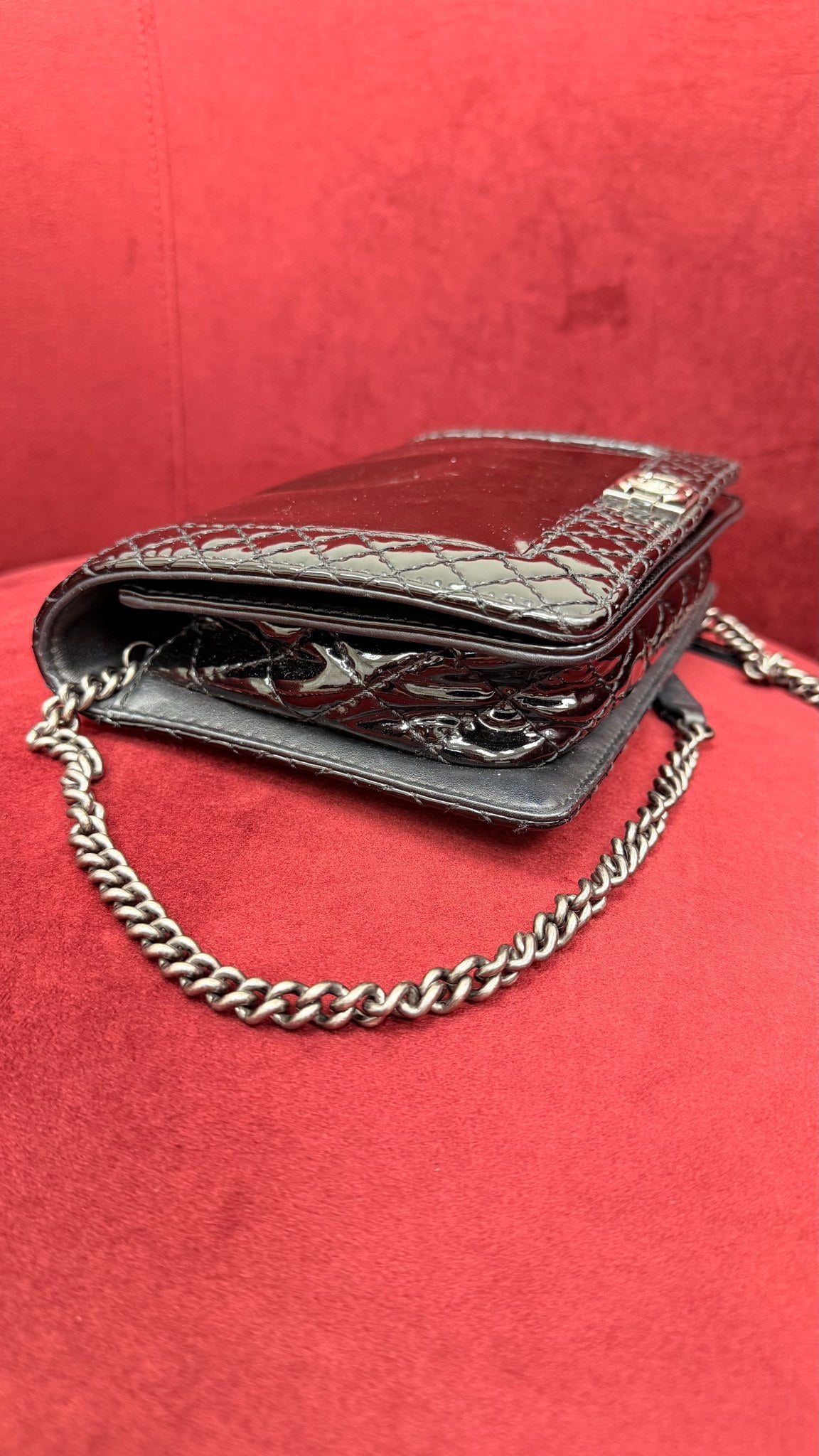 Chanel Black Patent Leather Reverso Boy Flap Bag