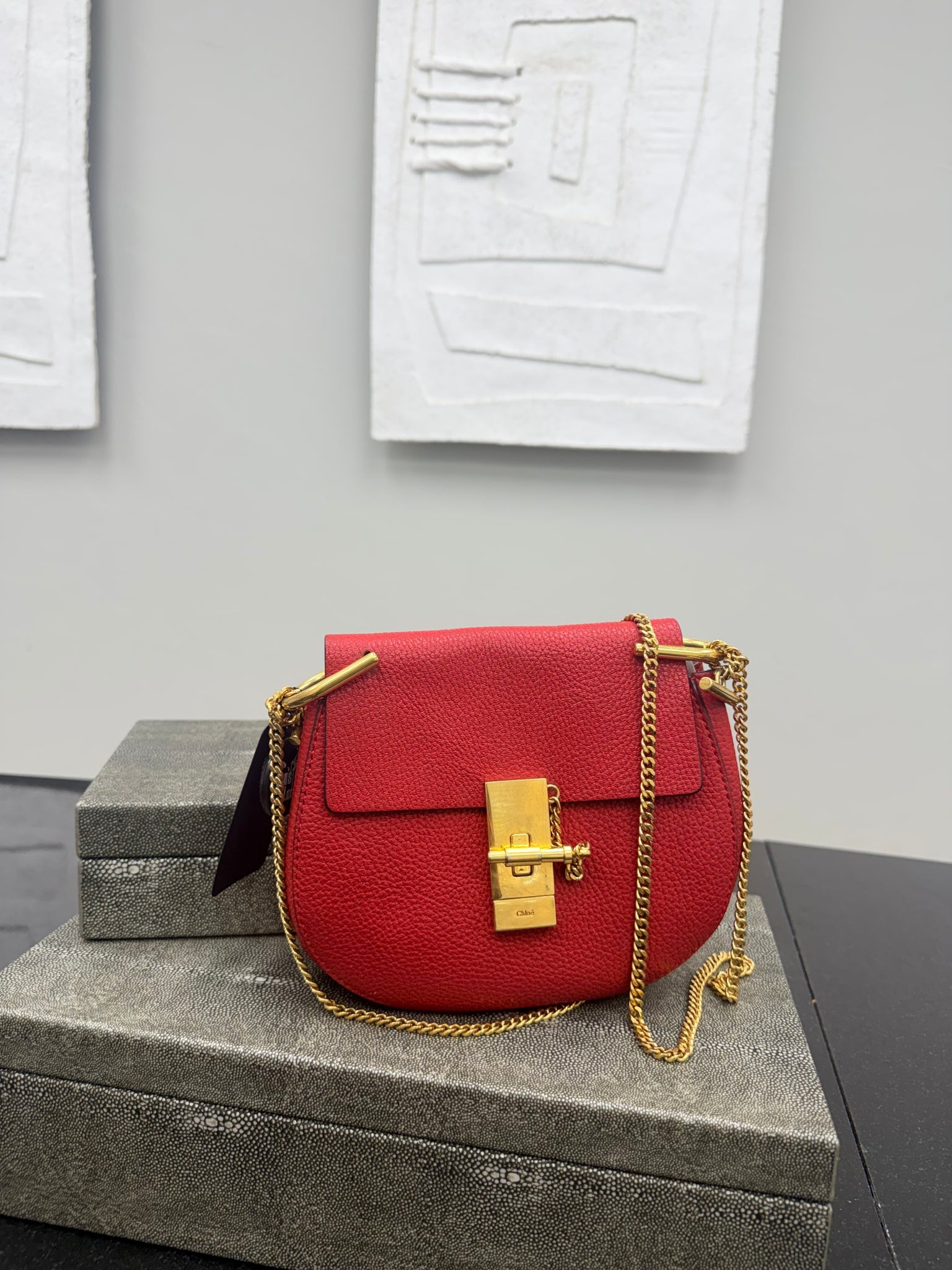 Chloe Red Grained Leather Drew Chain Crossbody Bag