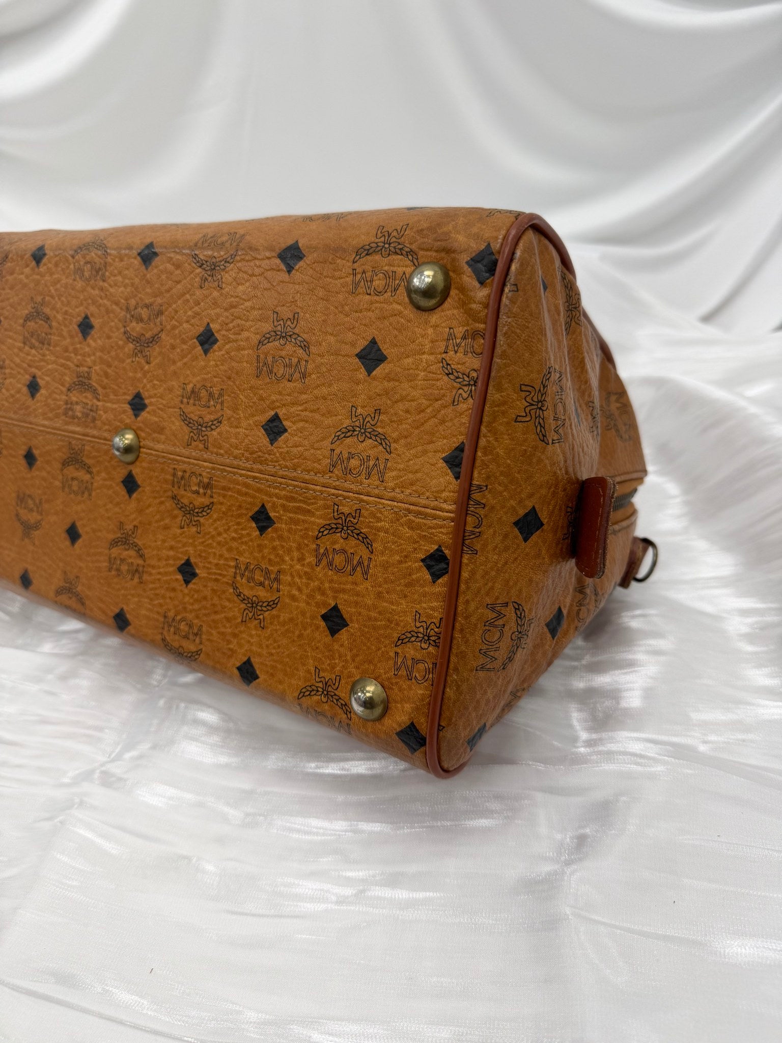 MCM Cognac Visetos Coated Canvas Boston Bag