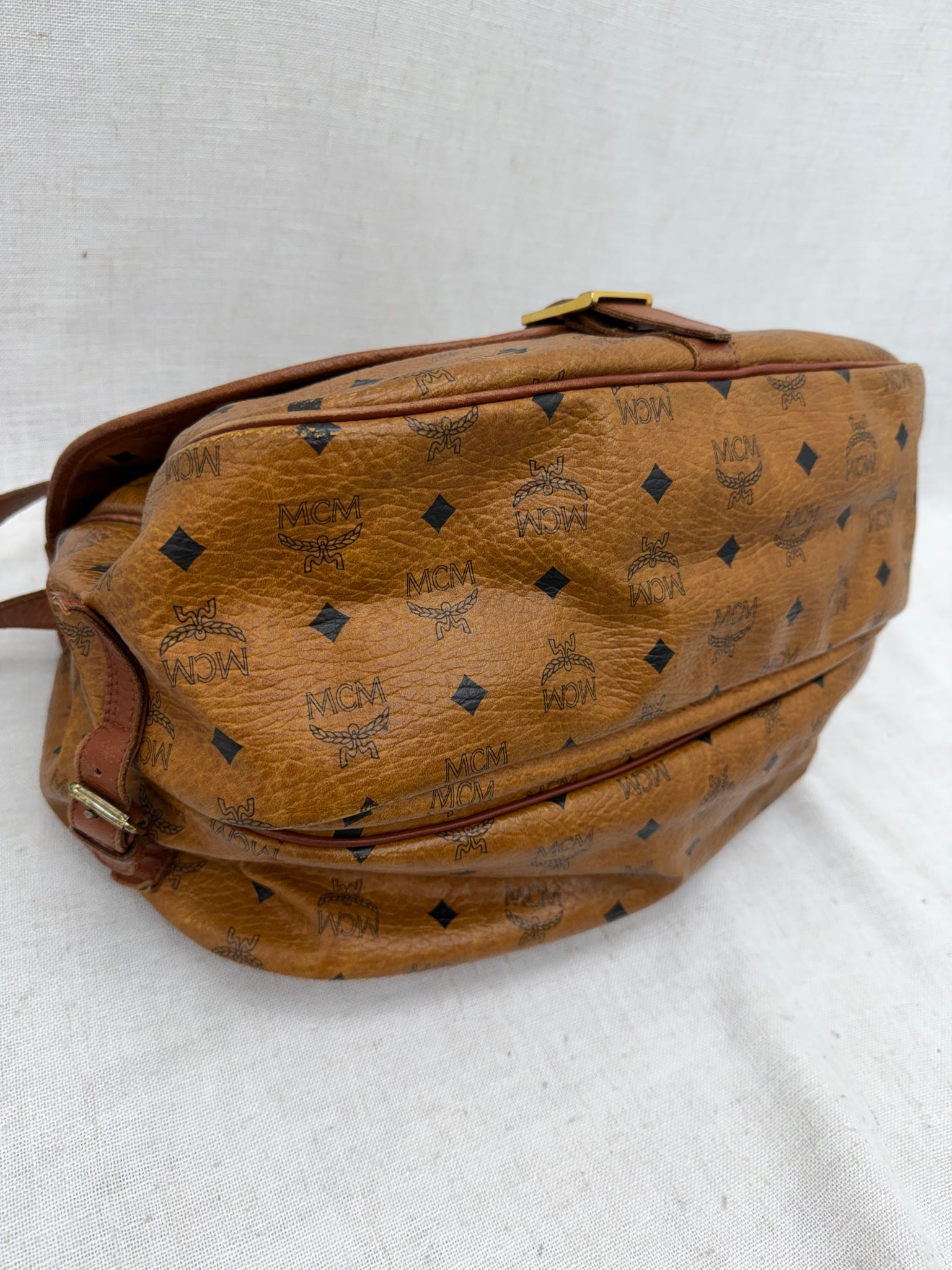MCM Cognac Visetos Leather Messenger Bag