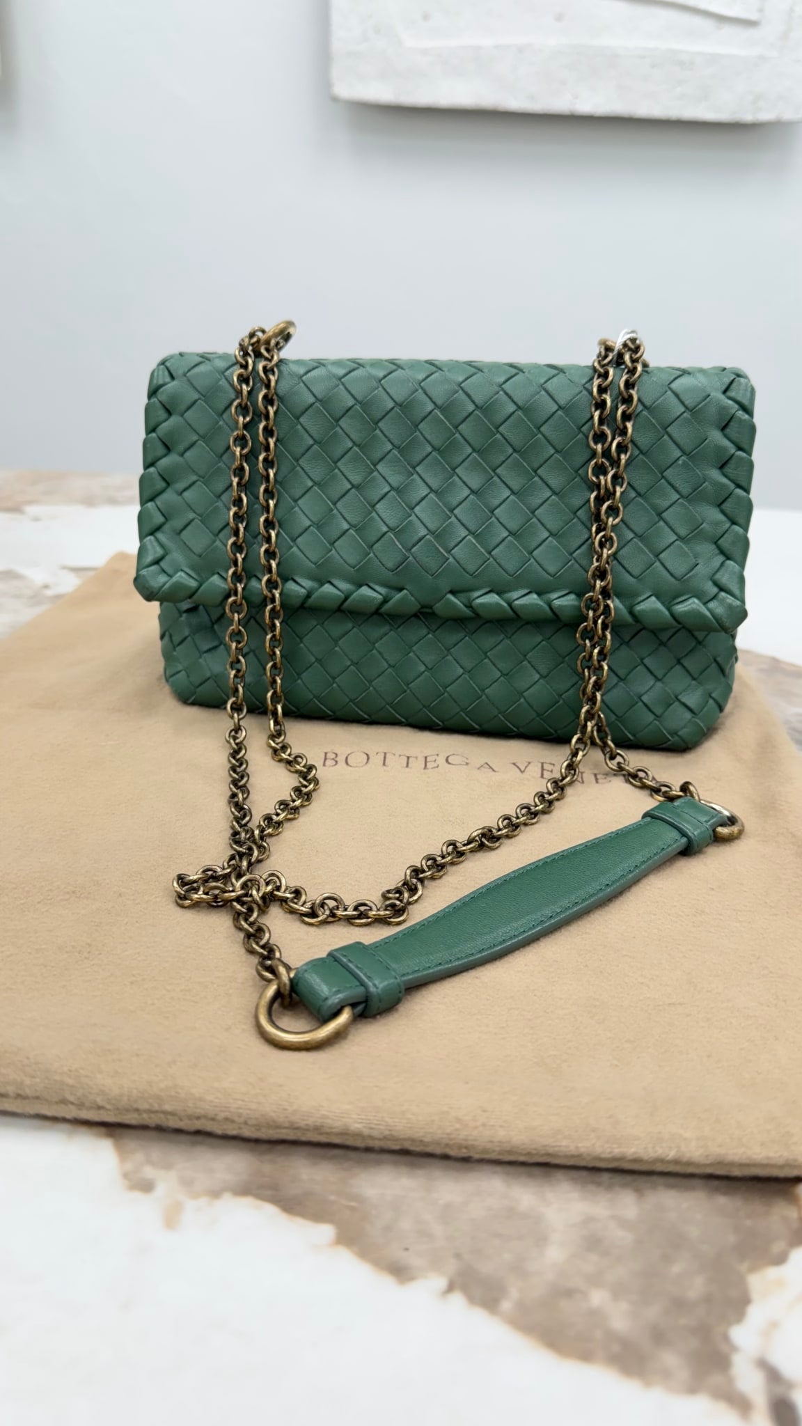 Bottega Veneta Sage Green Intrecciato Leather Olimpia Chain Bag