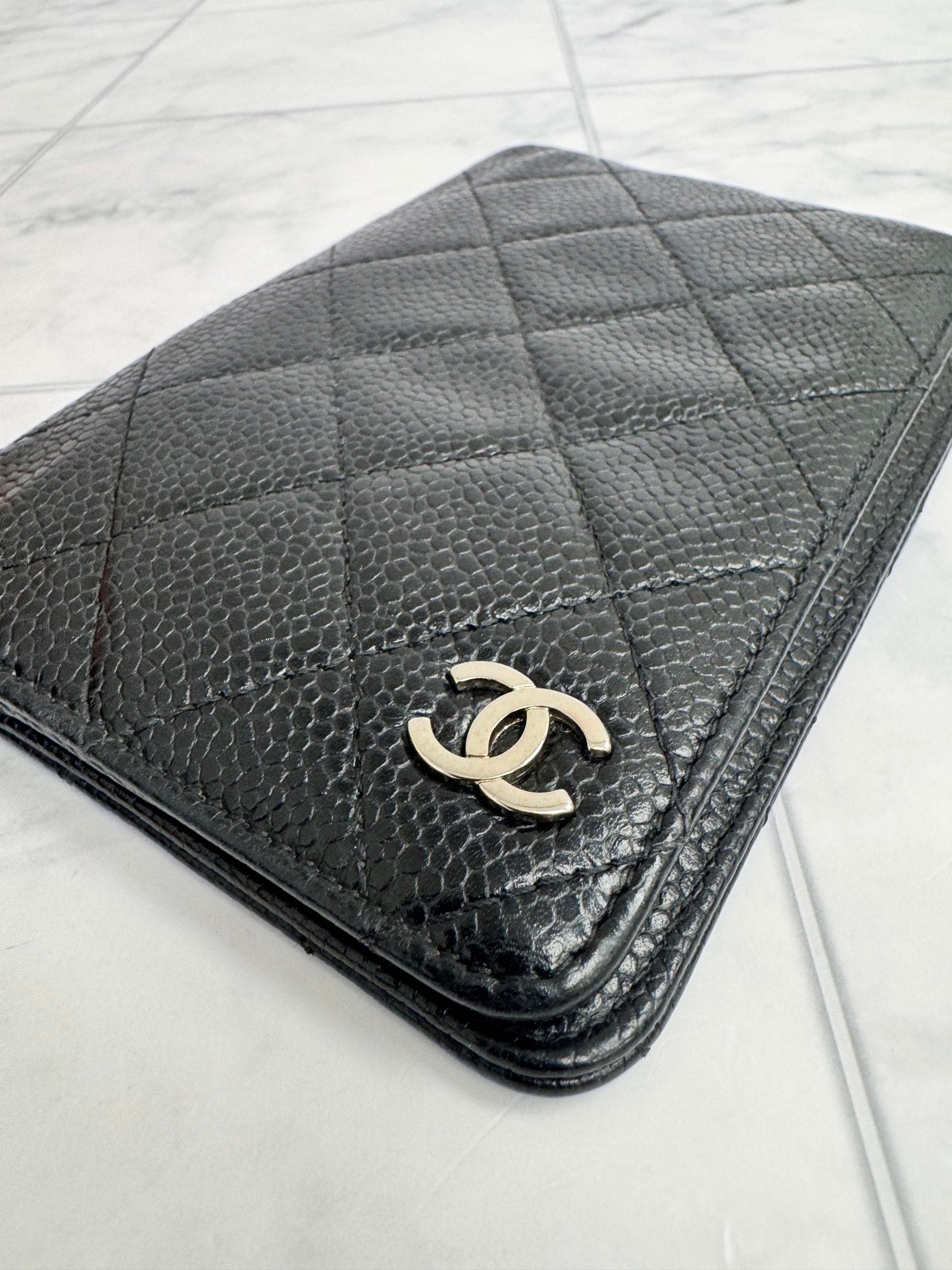 Chanel Black Diamond Quilted Caviar Passport Holder