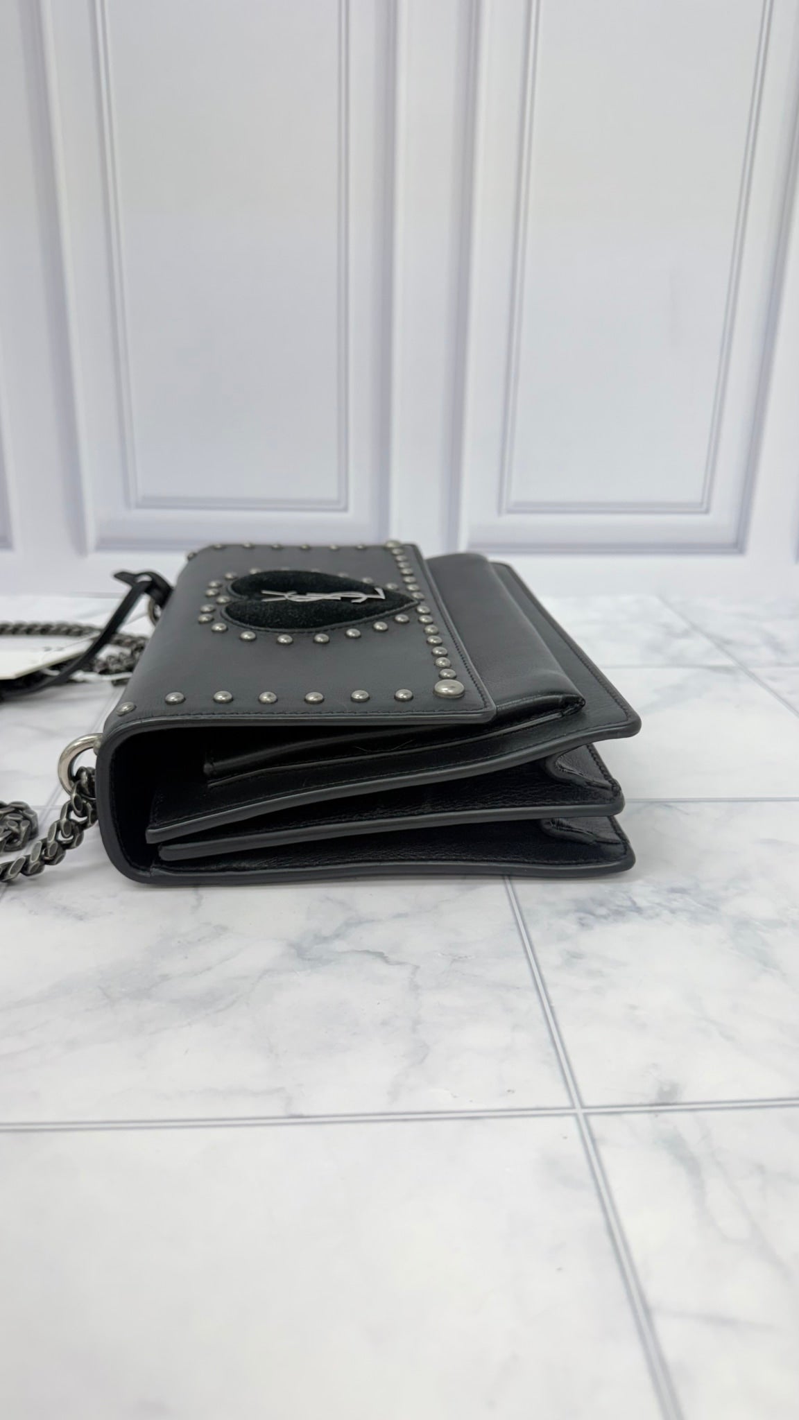 Saint Laurent YSL Black Leather Medium Studded Monogram Heart Sunset Crossbody Bag