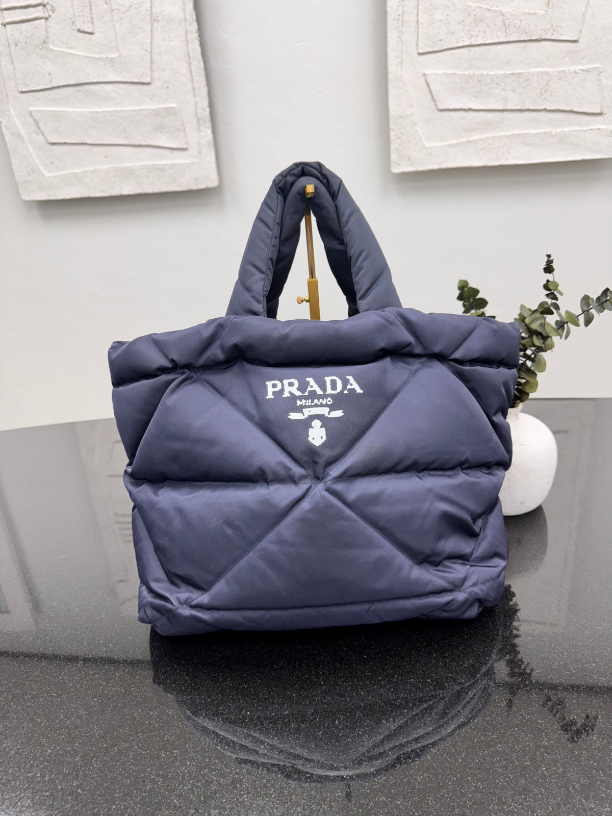 Prada Navy Blue Quilted Padded Nylon Large Tote Bag