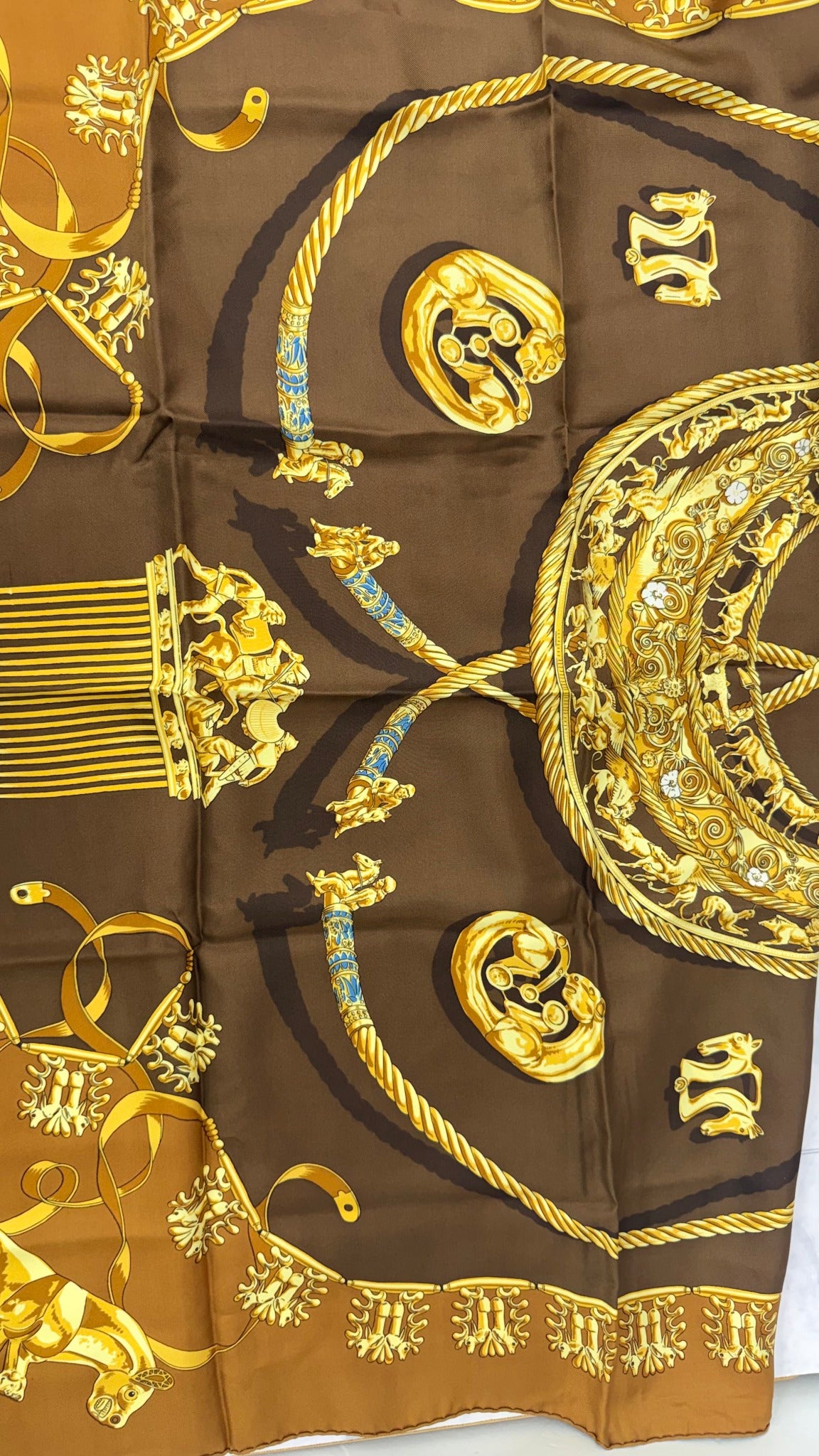 Hermes Brown Silk Les Cavaliers Carre 90 Scarf