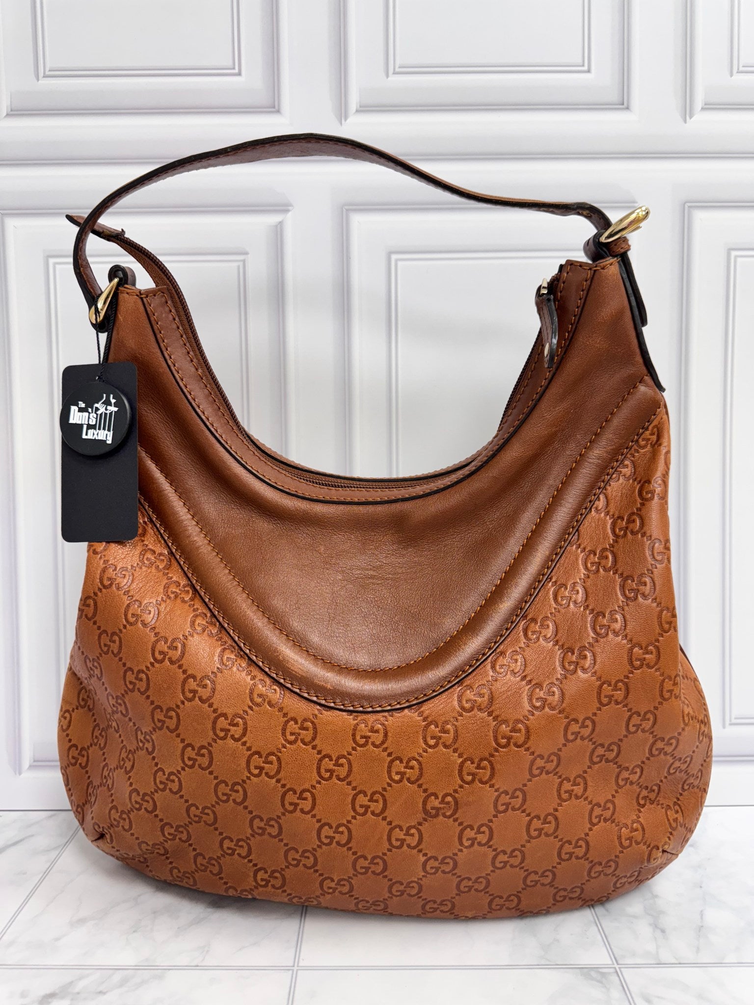 Gucci Brown Leather Embossed Guccissima Hysteria Crest Hobo Shoulder Bag