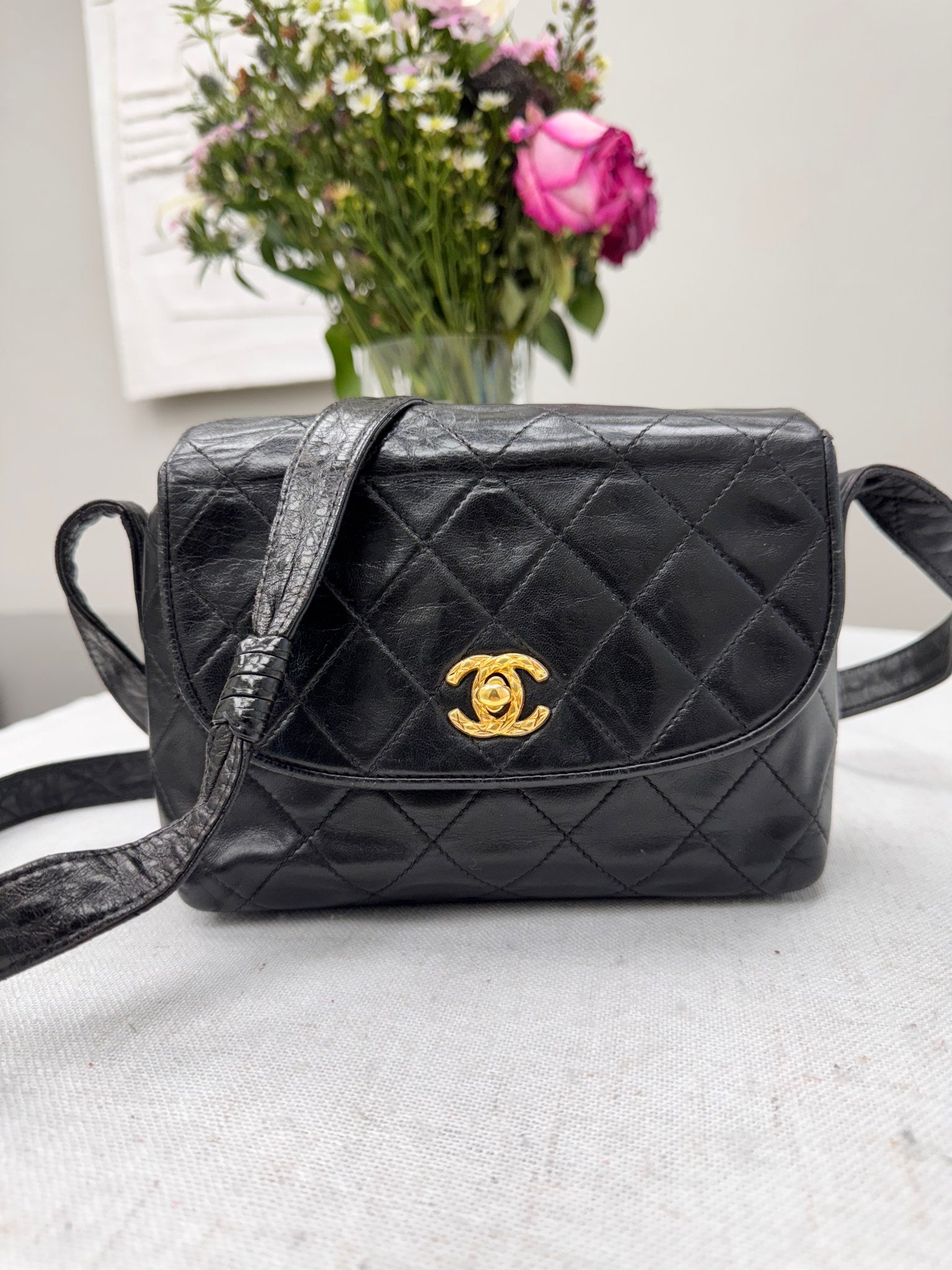 Chanel Black Diamond Quilted Leather Crossbody Bag
