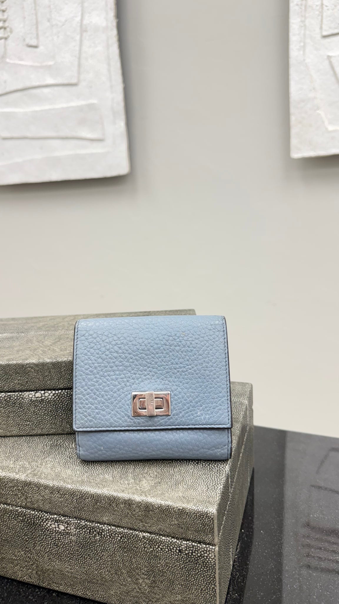 Fendi Blue Pebbled Leather Peekaboo Micro Trifold Wallet