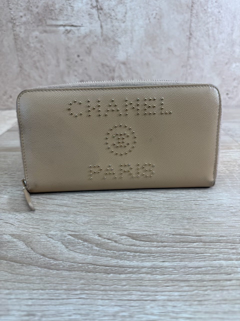 Chanel Beige Caviar Caviar Studded Deauville Zippy Long Wallet