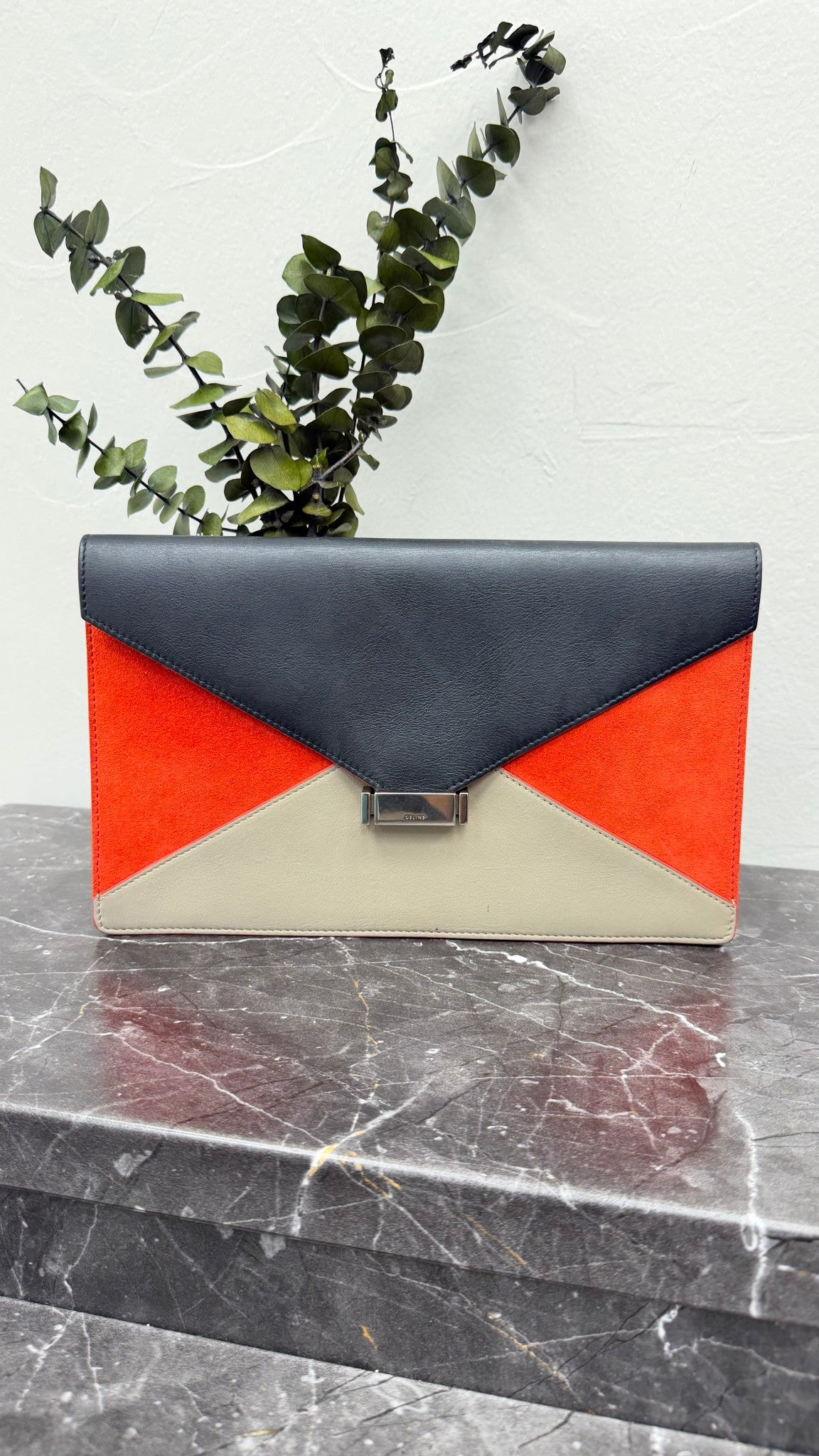 Celine Tricolor Leather & Suede Diamond Envelope Clutch
