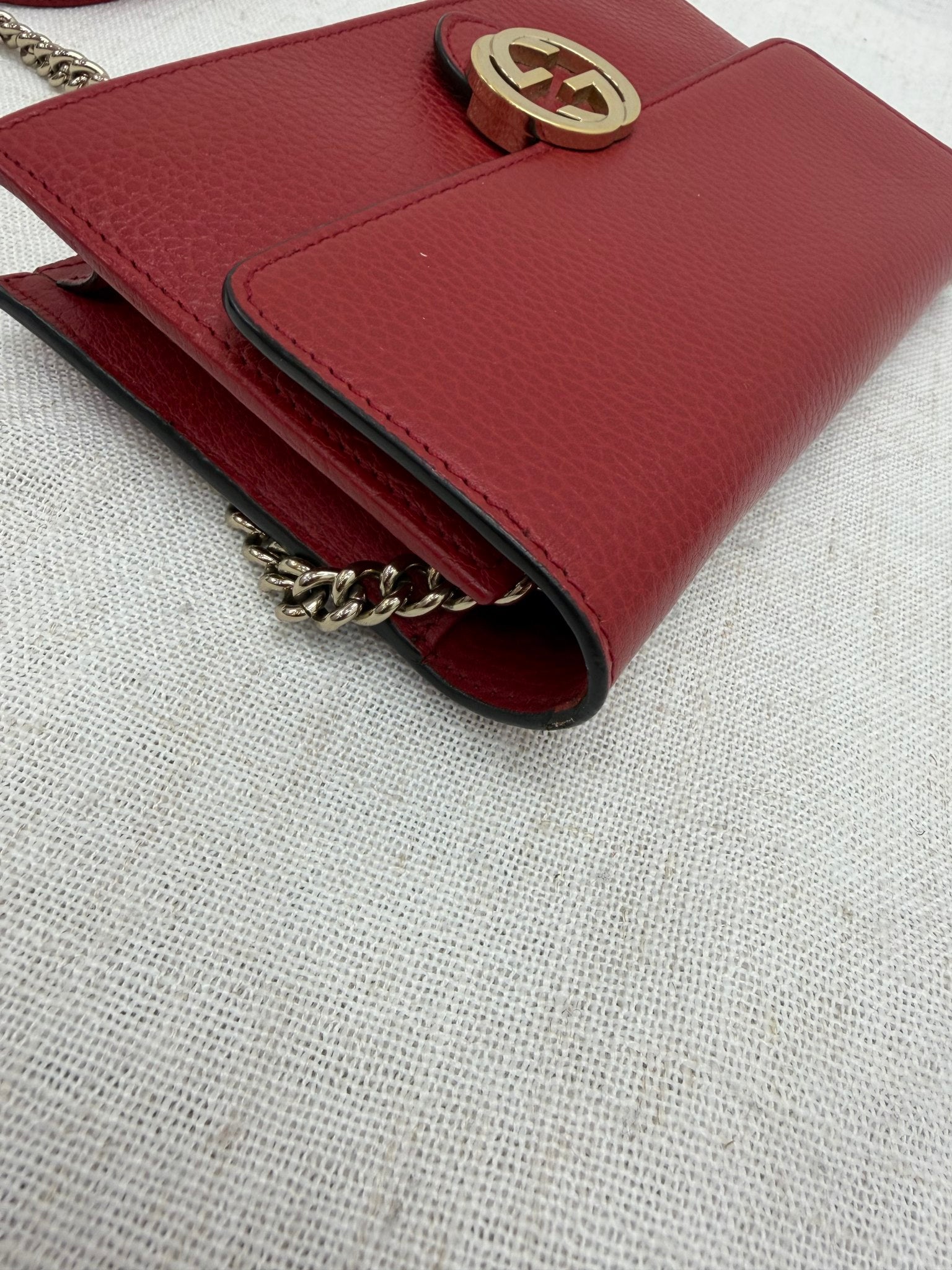 Gucci Red Leather Interlocking G Wallet on a Chain