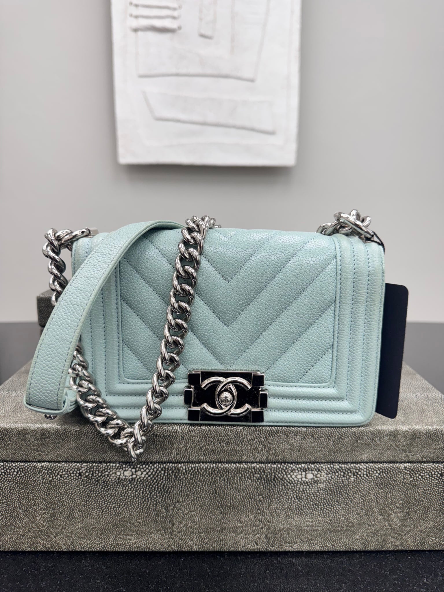 Chanel Blue Chevron Quilted Caviar Leather Small Boy Flap Crossbody Bag