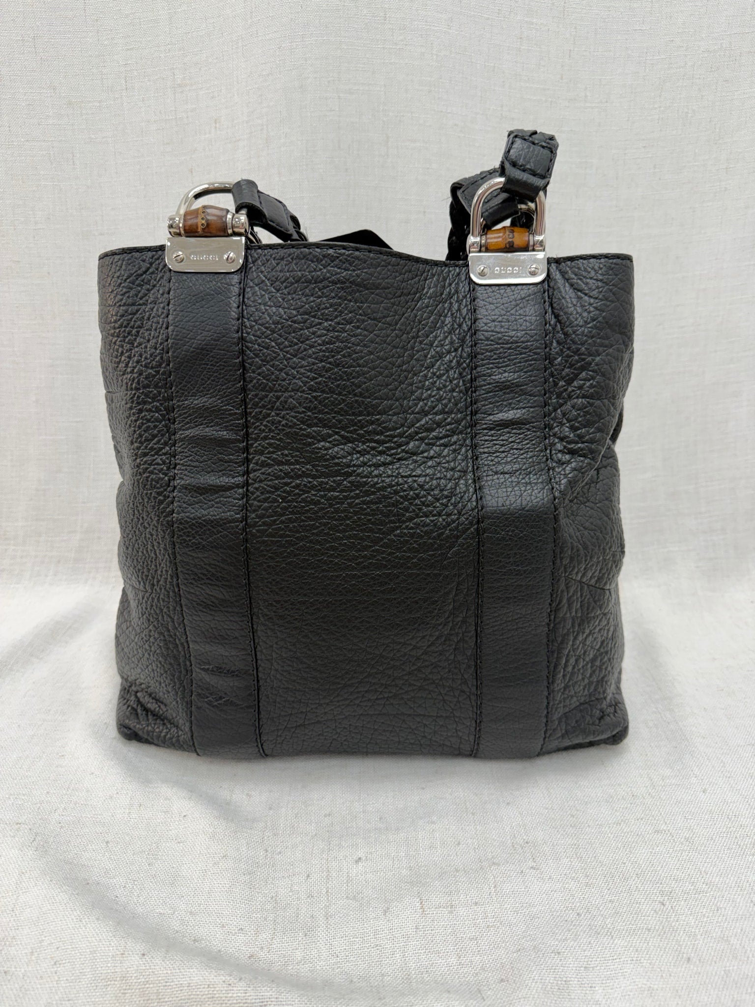 Gucci Black Leather Braided Bamboo Shoulder bag