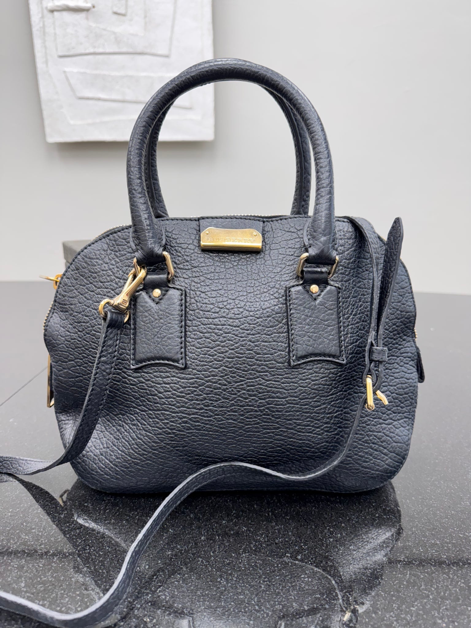 Burberry Black Grained Leather Orchard Heritage Large 2Way Bag