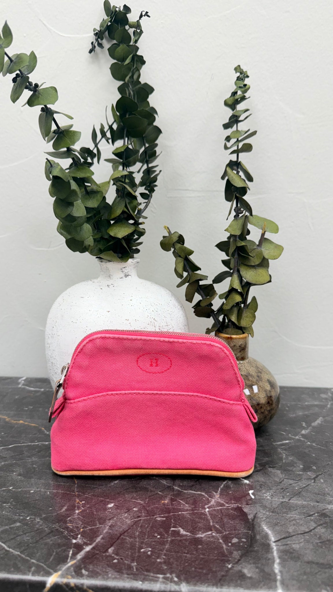 Hermes Pink Canvas Bolide Travel Pouch