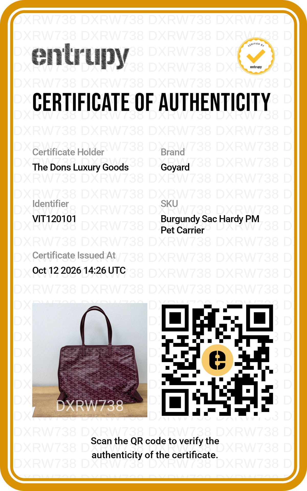 Entrupy certificate