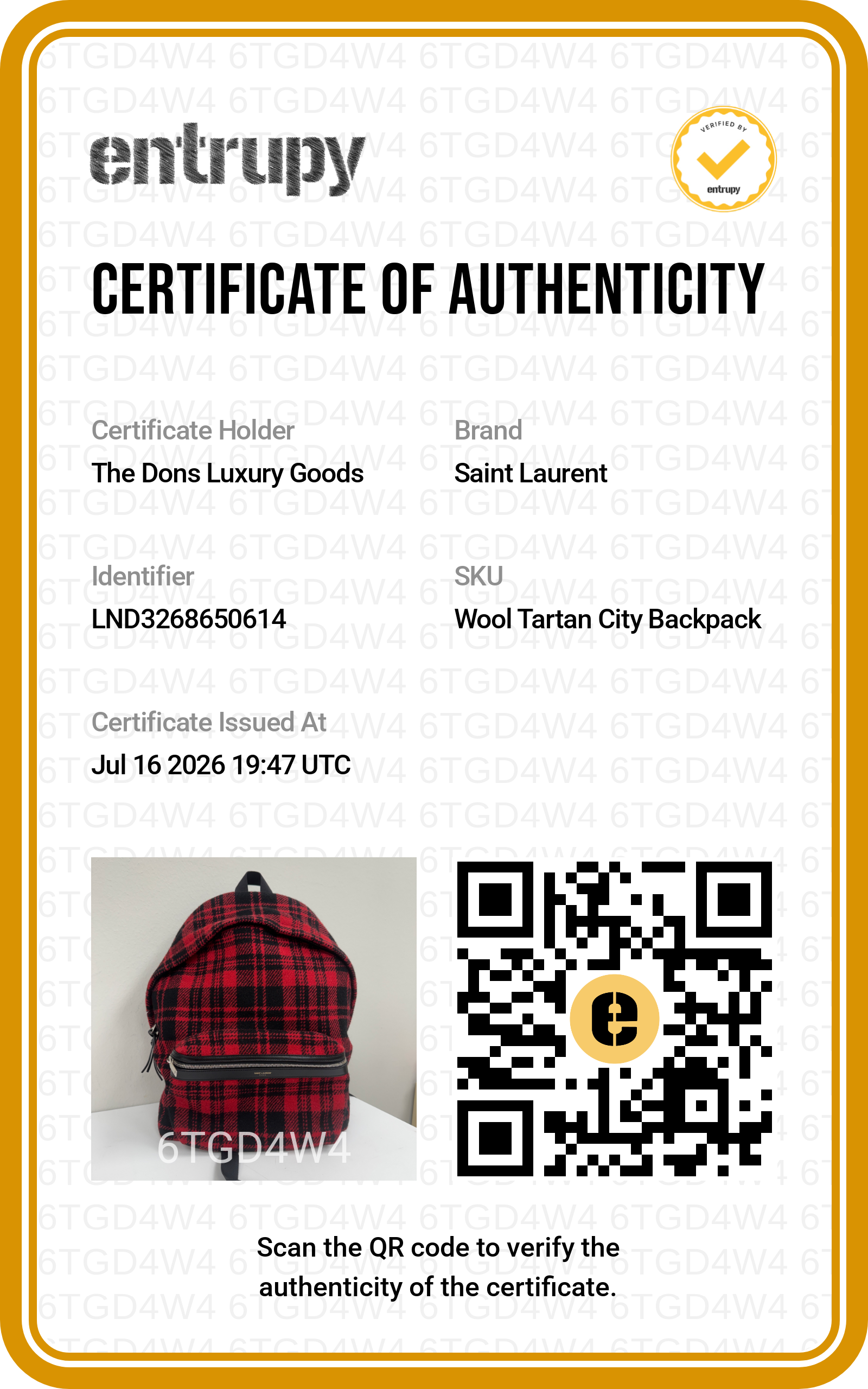 Entrupy certificate