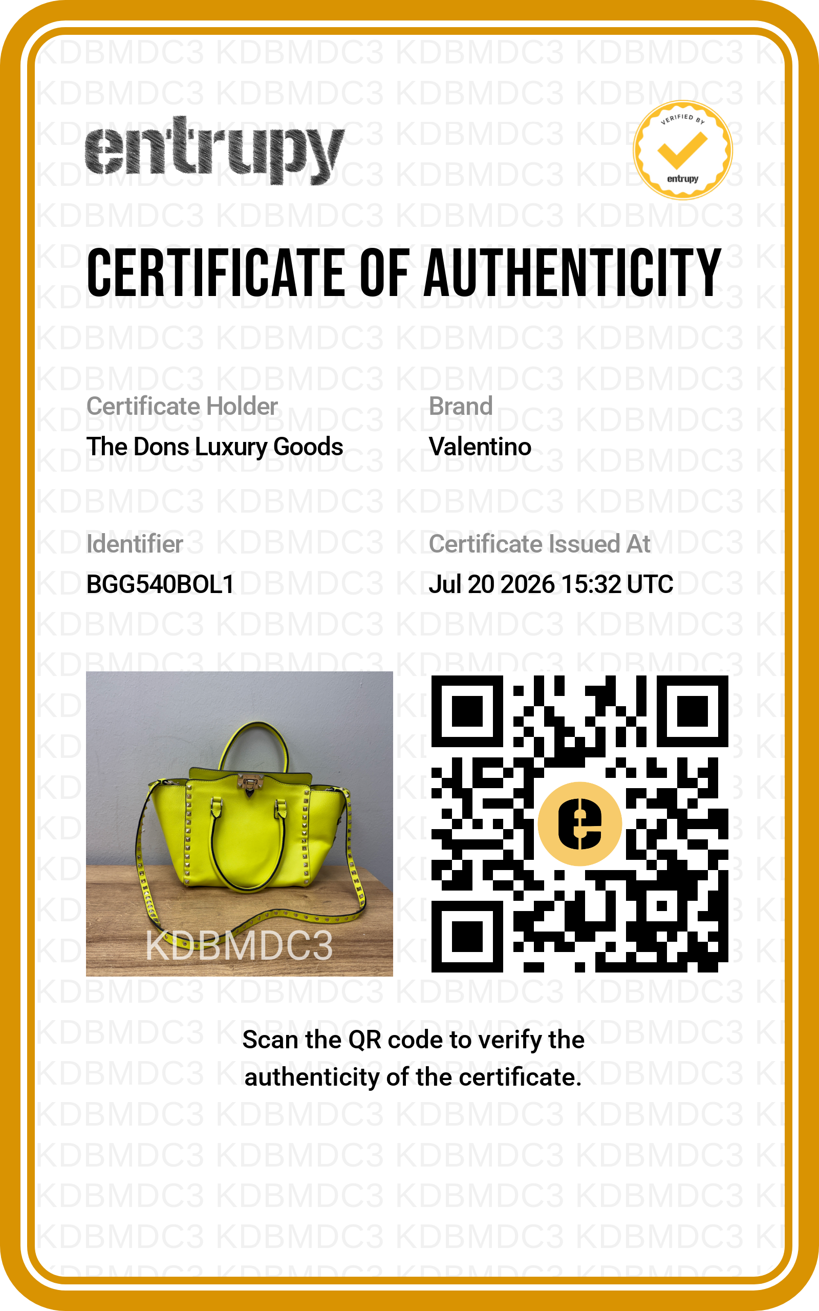 Entrupy certificate