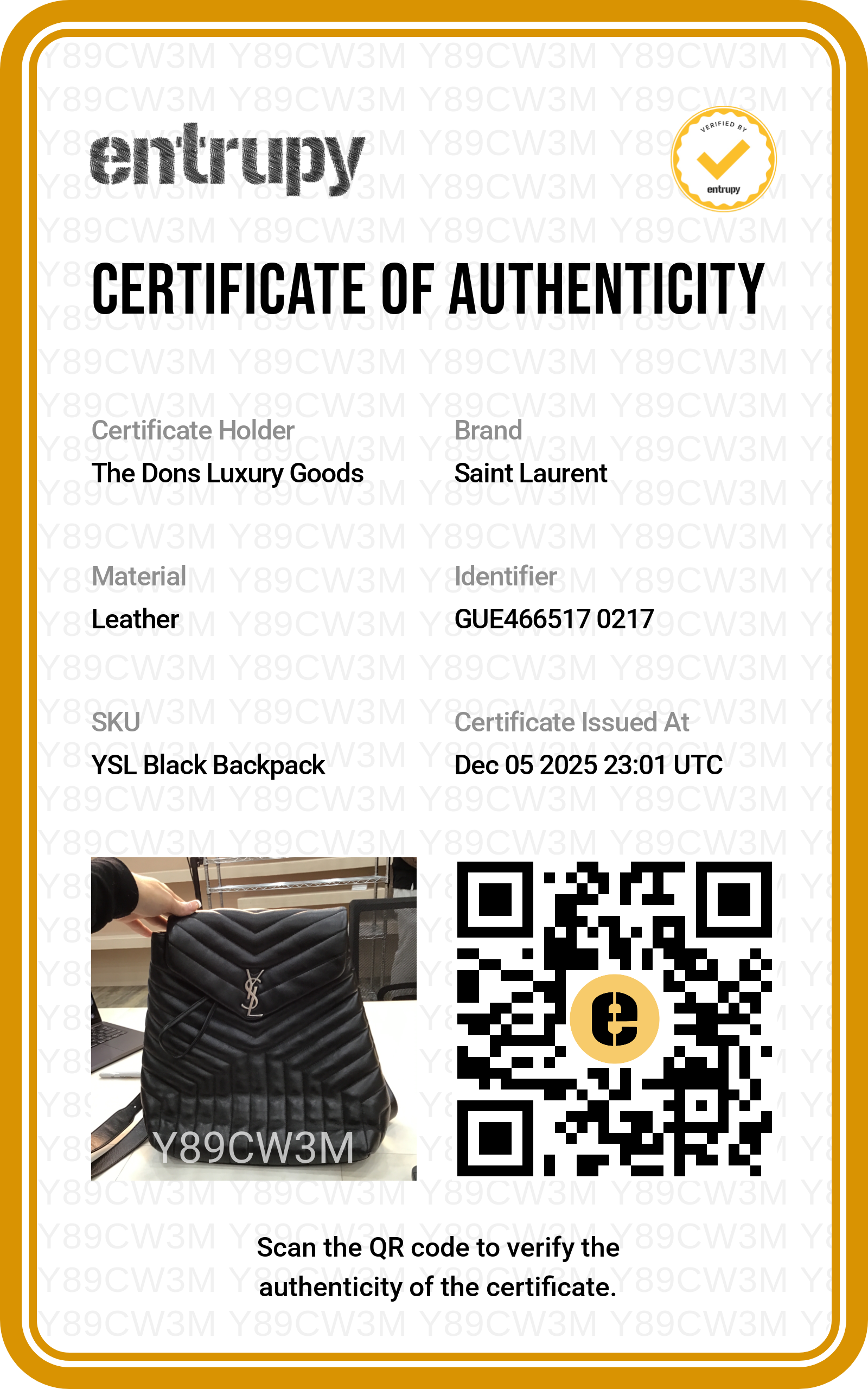 Entrupy certificate