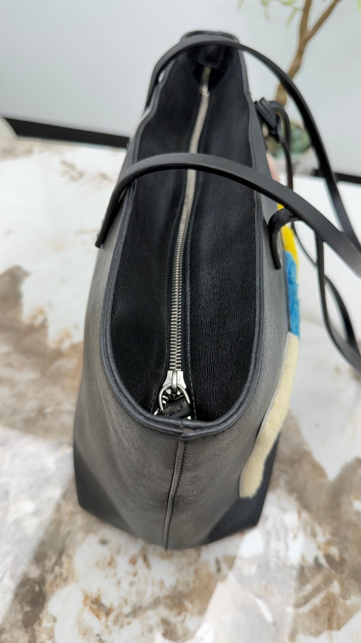 Fendi Black Leather Shearling Logo Roll Tote