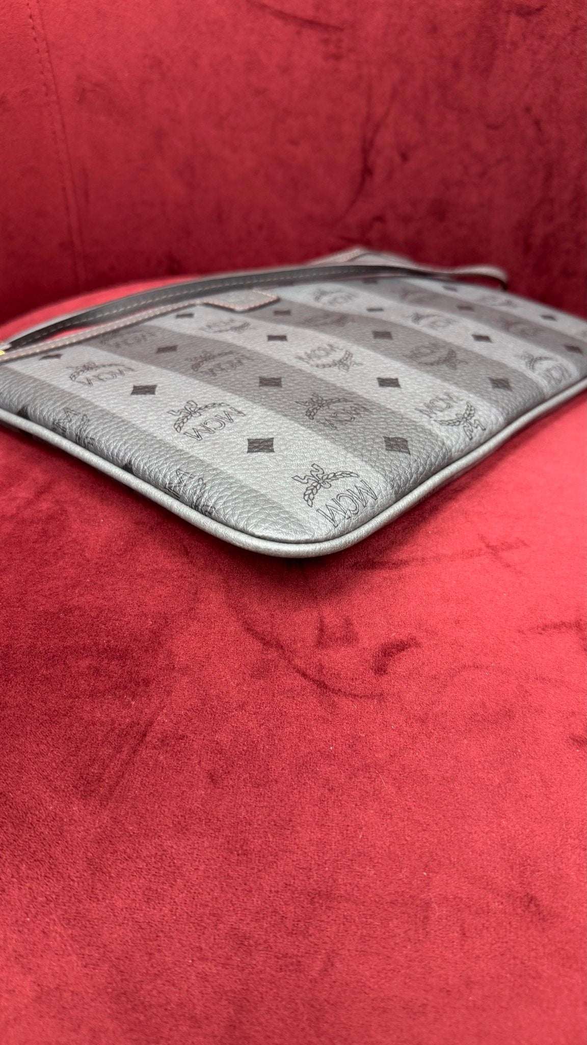 MCM Gray Visetos Striped Leather Large Liz Pouch