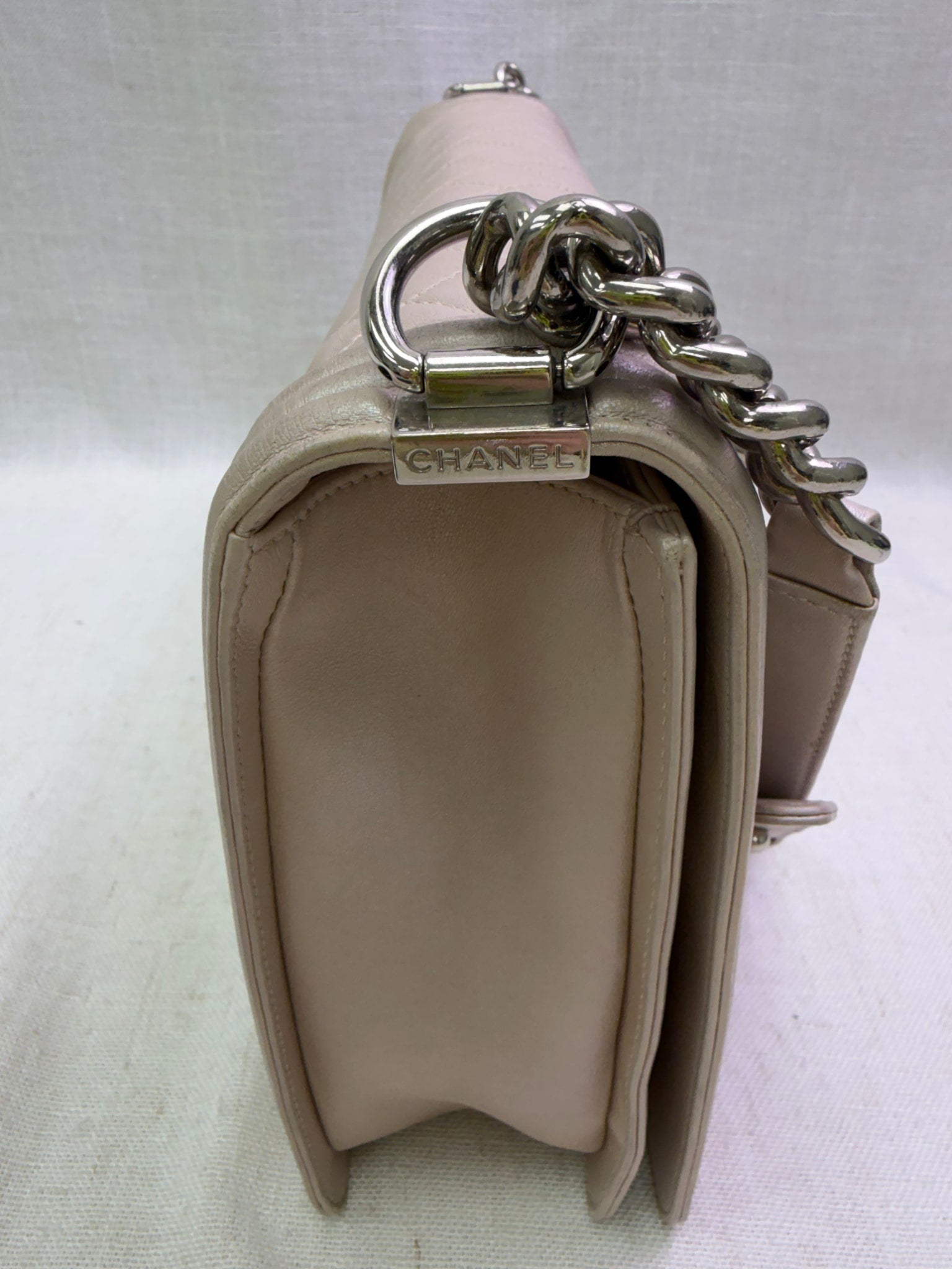 Chanel Irridesent Beige Quilted Calfskin Large Boy Bag