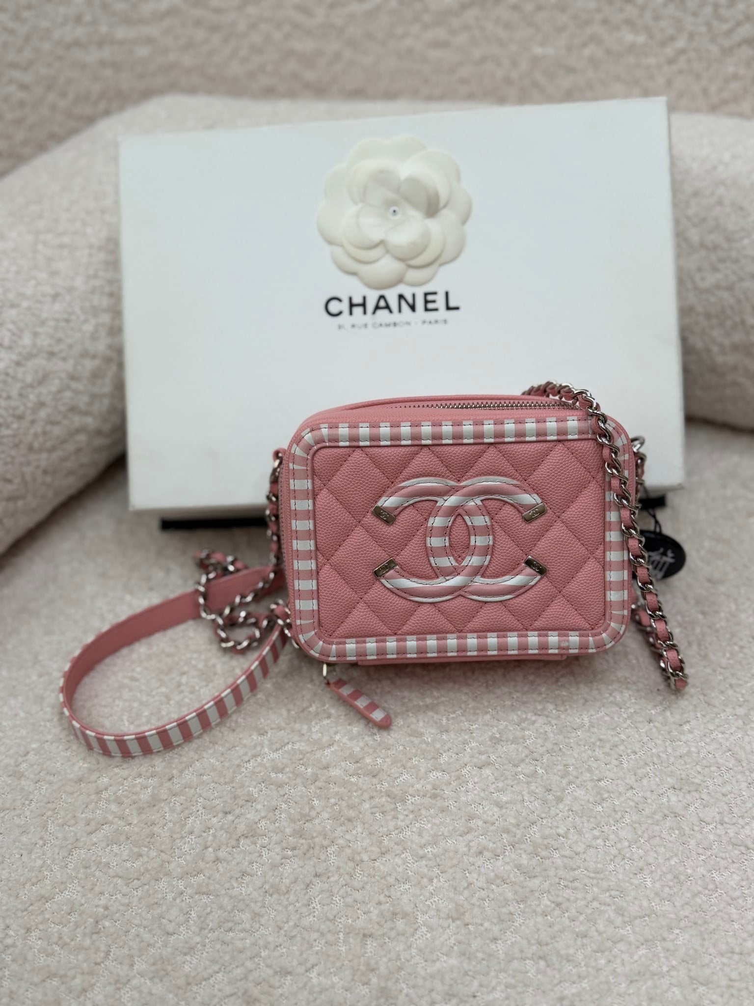 Chanel Pink Caviar Quilted Striped Vanity Bag