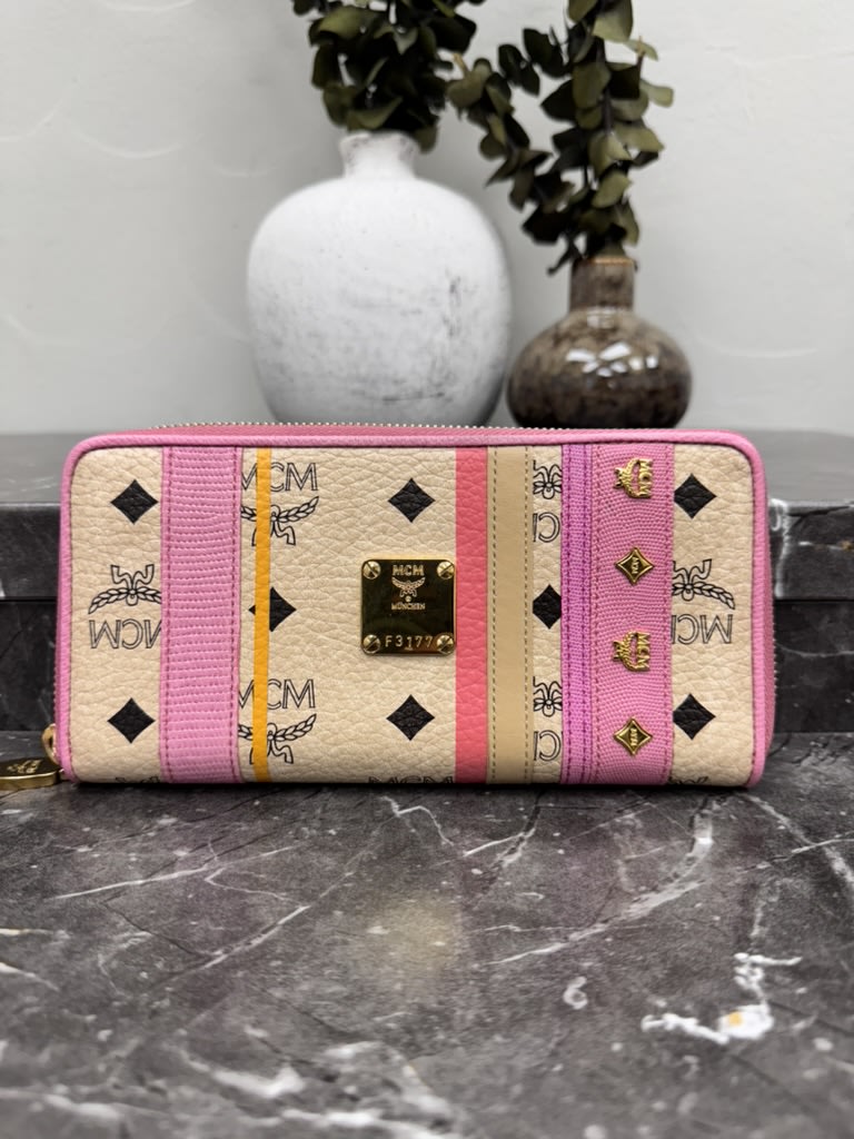 MCM Pink Coated Canvas Stripe Long Zippy Wallet