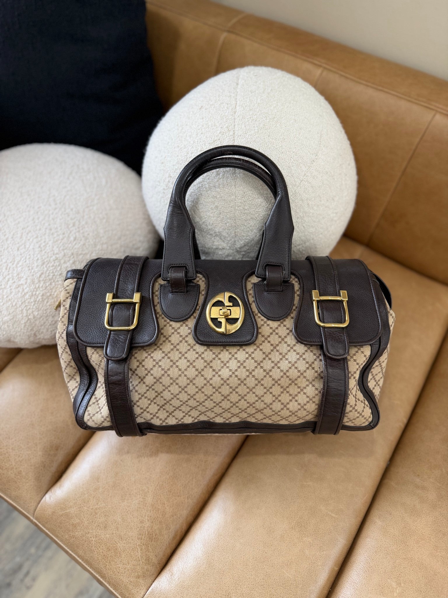 Gucci Brown Diamante Canvas & Leather 1973 Boston Bag