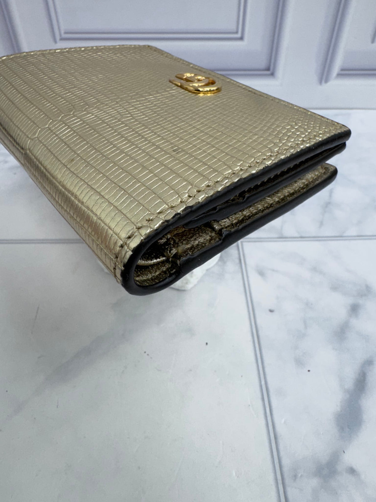 Gucci Gold Lizard Embossed Leather GG Marmont Compact Wallet